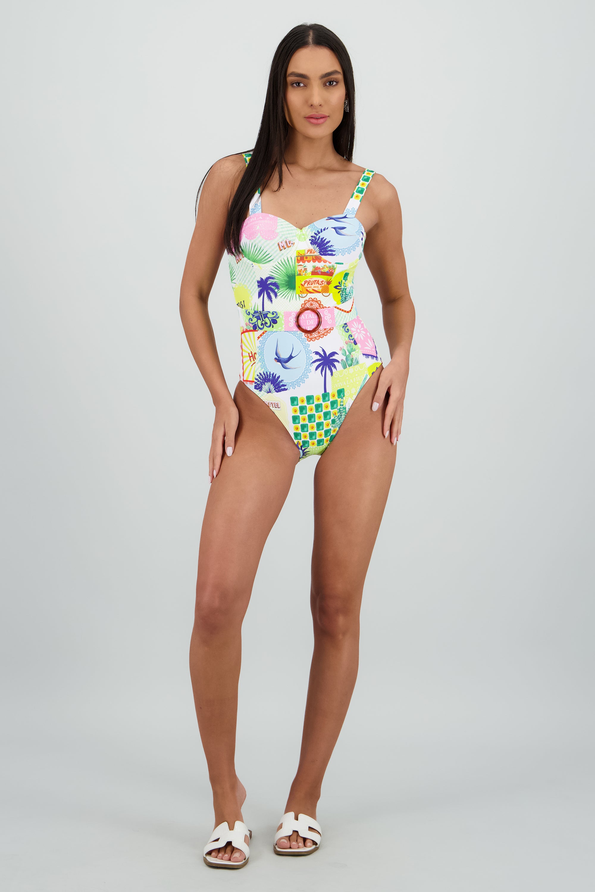 Traje de baño copas cinturon estampado MULTICOLOR