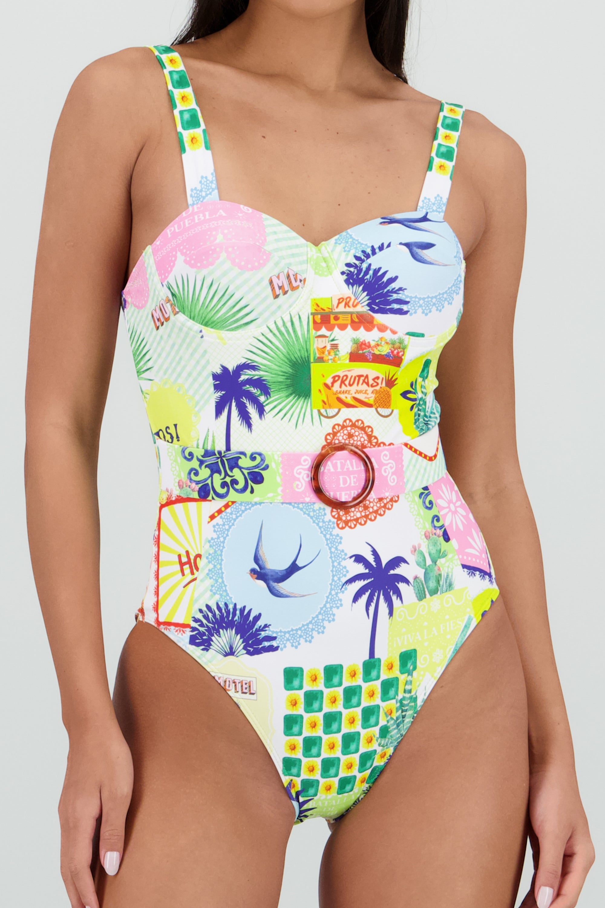 Traje de baño copas cinturon estampado MULTICOLOR