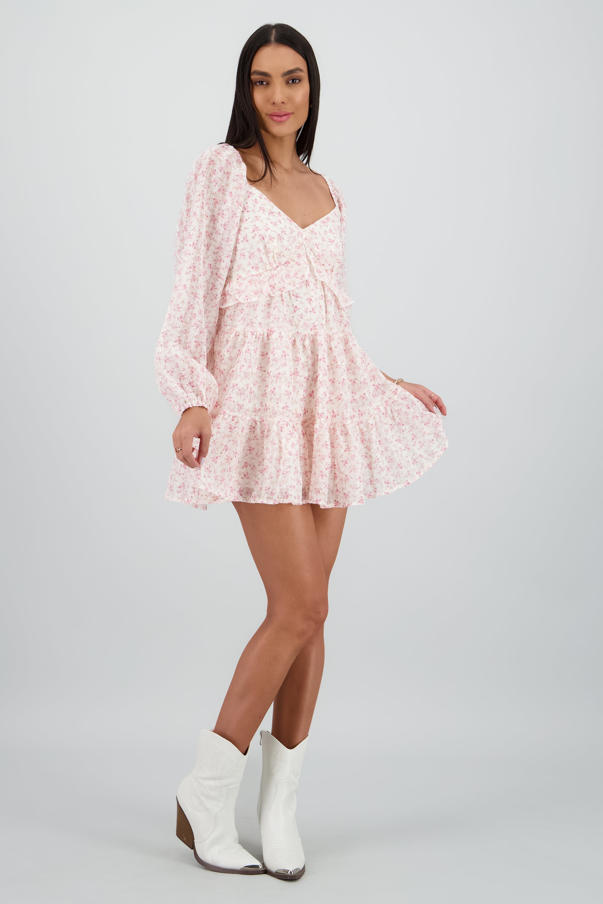 Vestido manga larga ligero olan ROSA PASTEL