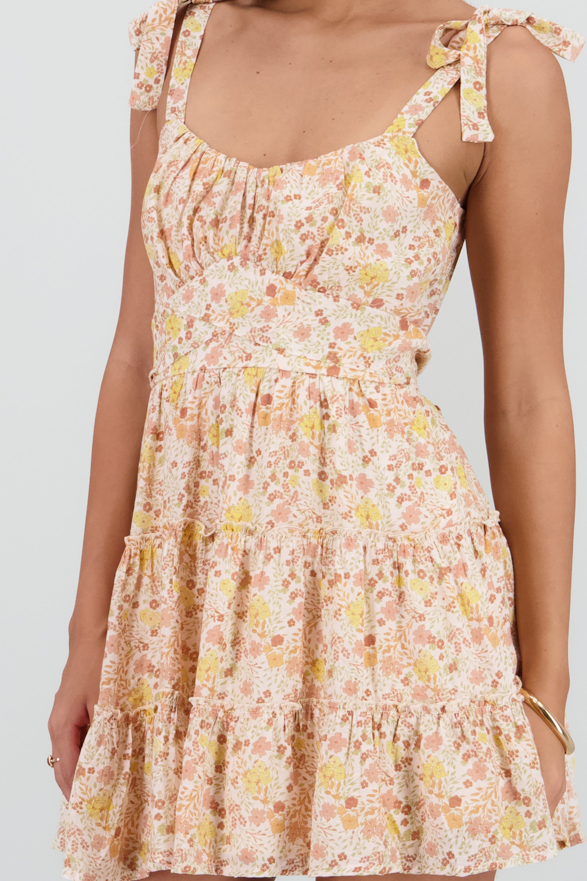 Vestido mini escote fruncido LADRILLO