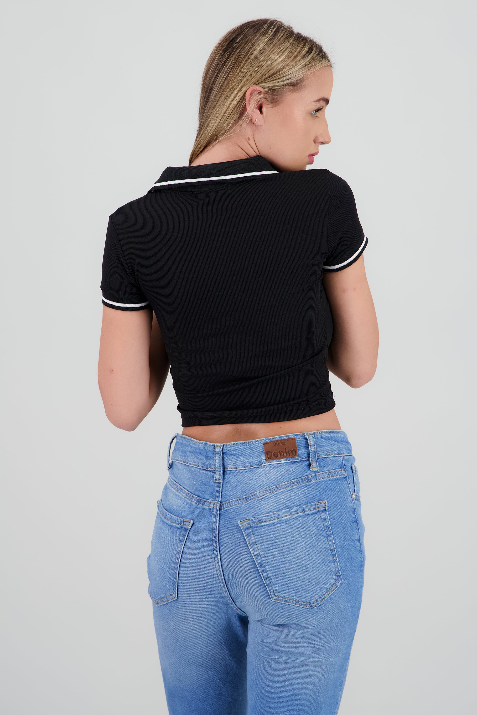 Top polo liso rib NEGRO