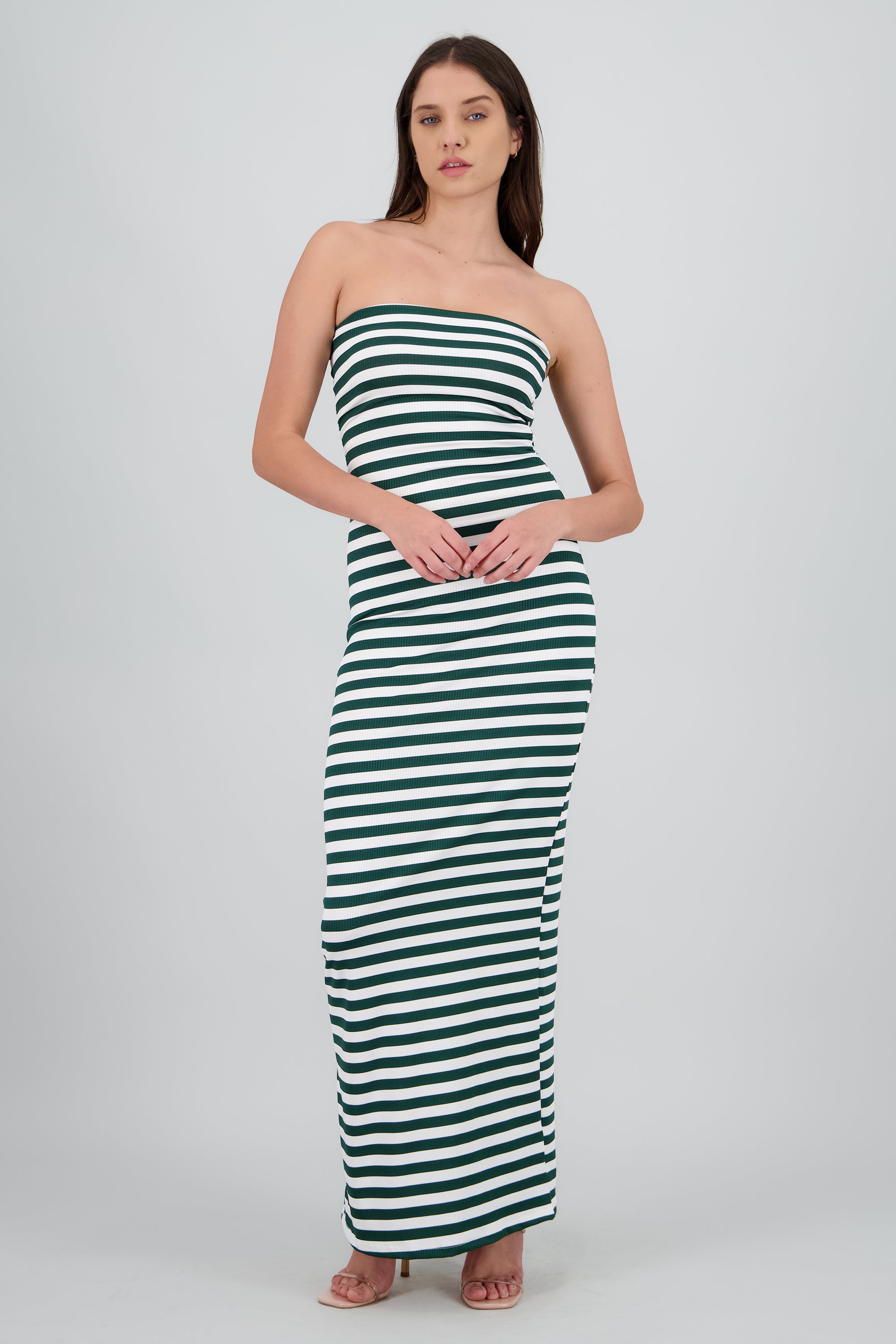 Vestido strapless rayas VERDE CAZADOR