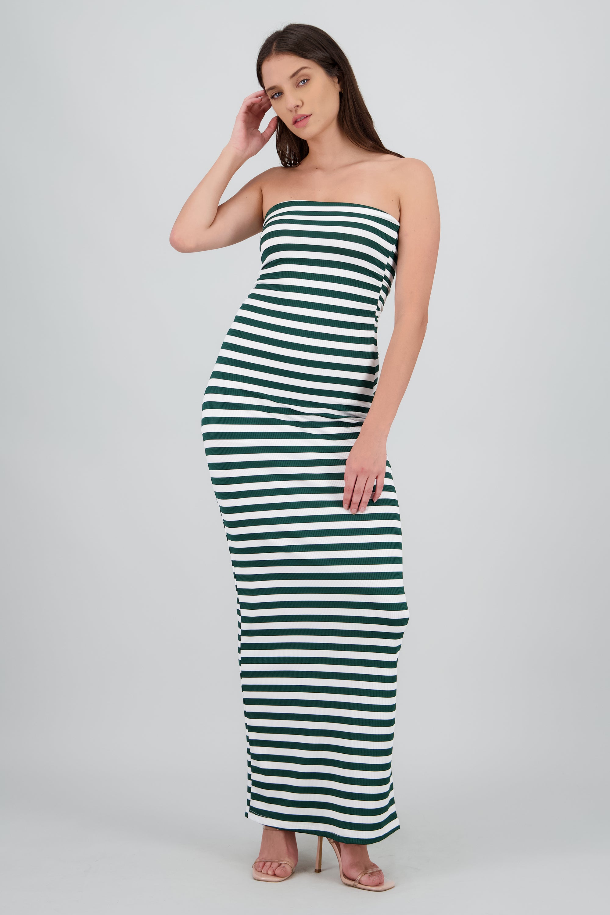 Vestido strapless rayas VERDE CAZADOR