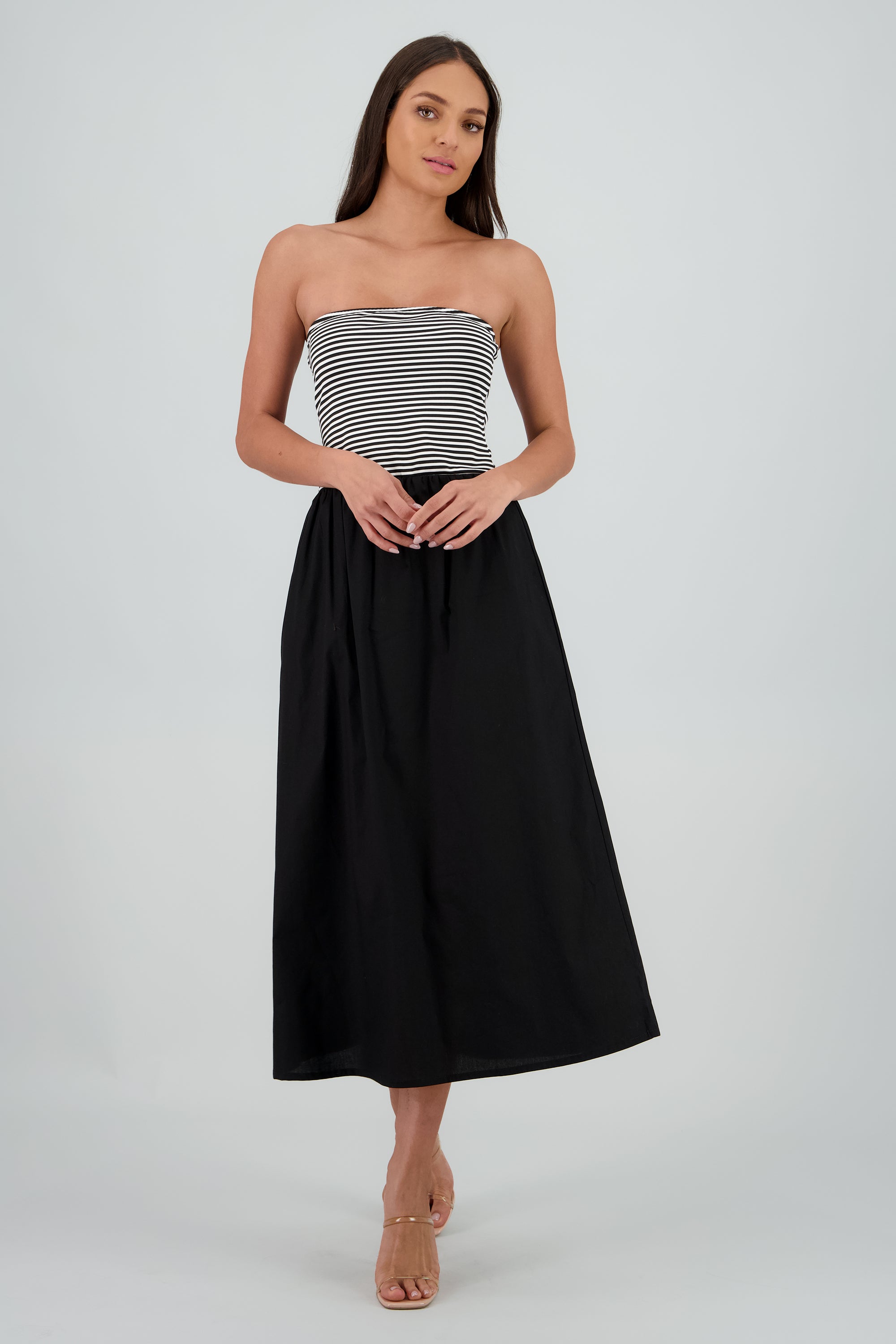 Vestido midi strapless detalle burbuja NEGRO COMBO