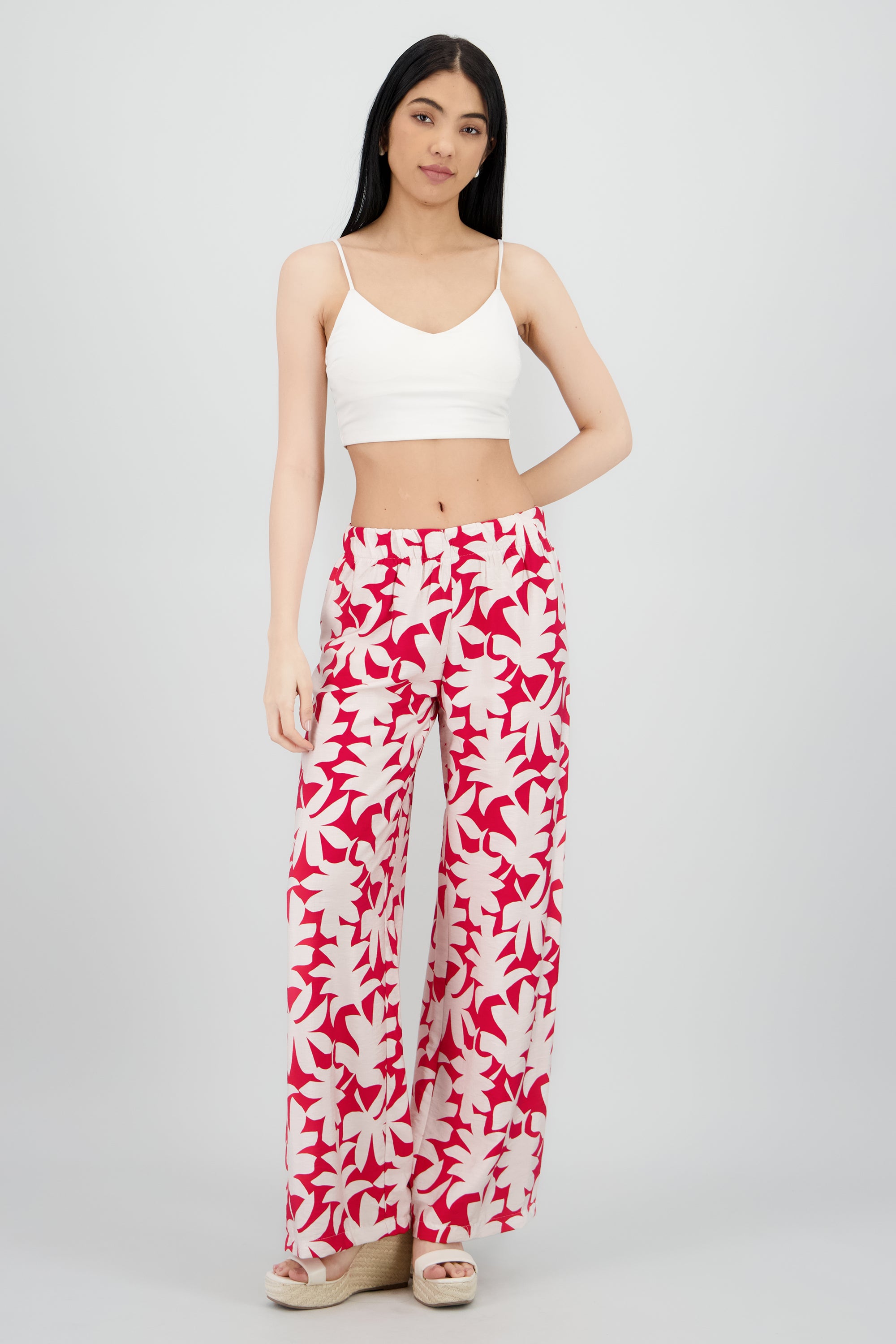 Pantalon amplio estampado flores ROJO COMBO