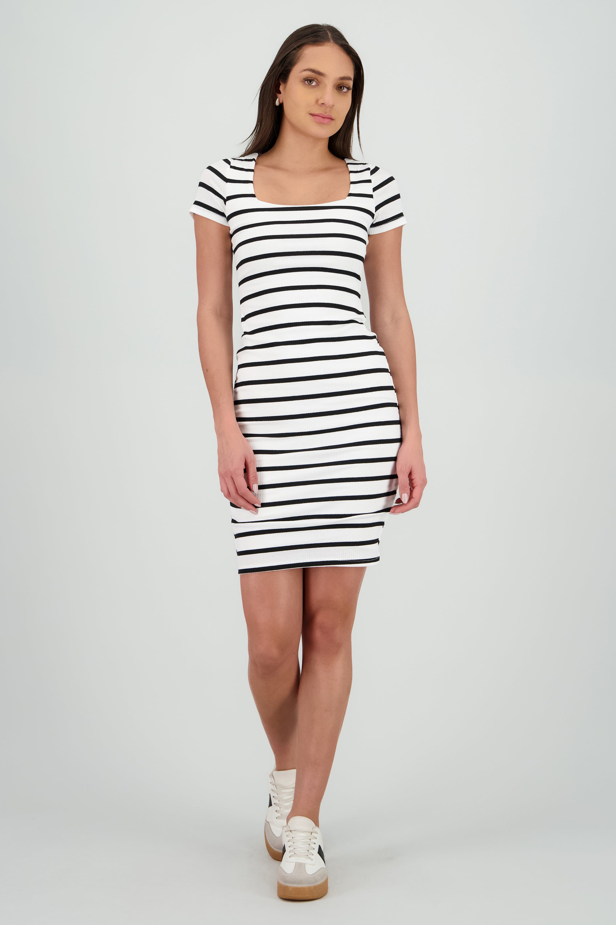 Vestido midi rayas doble tela BLANCO COMBO