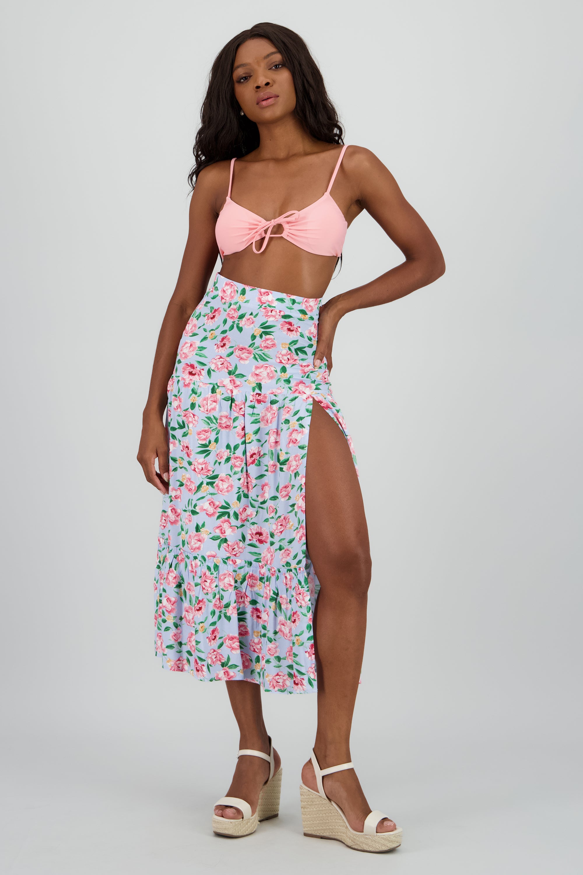 Falda estampado midi abertura AZUL COMBO