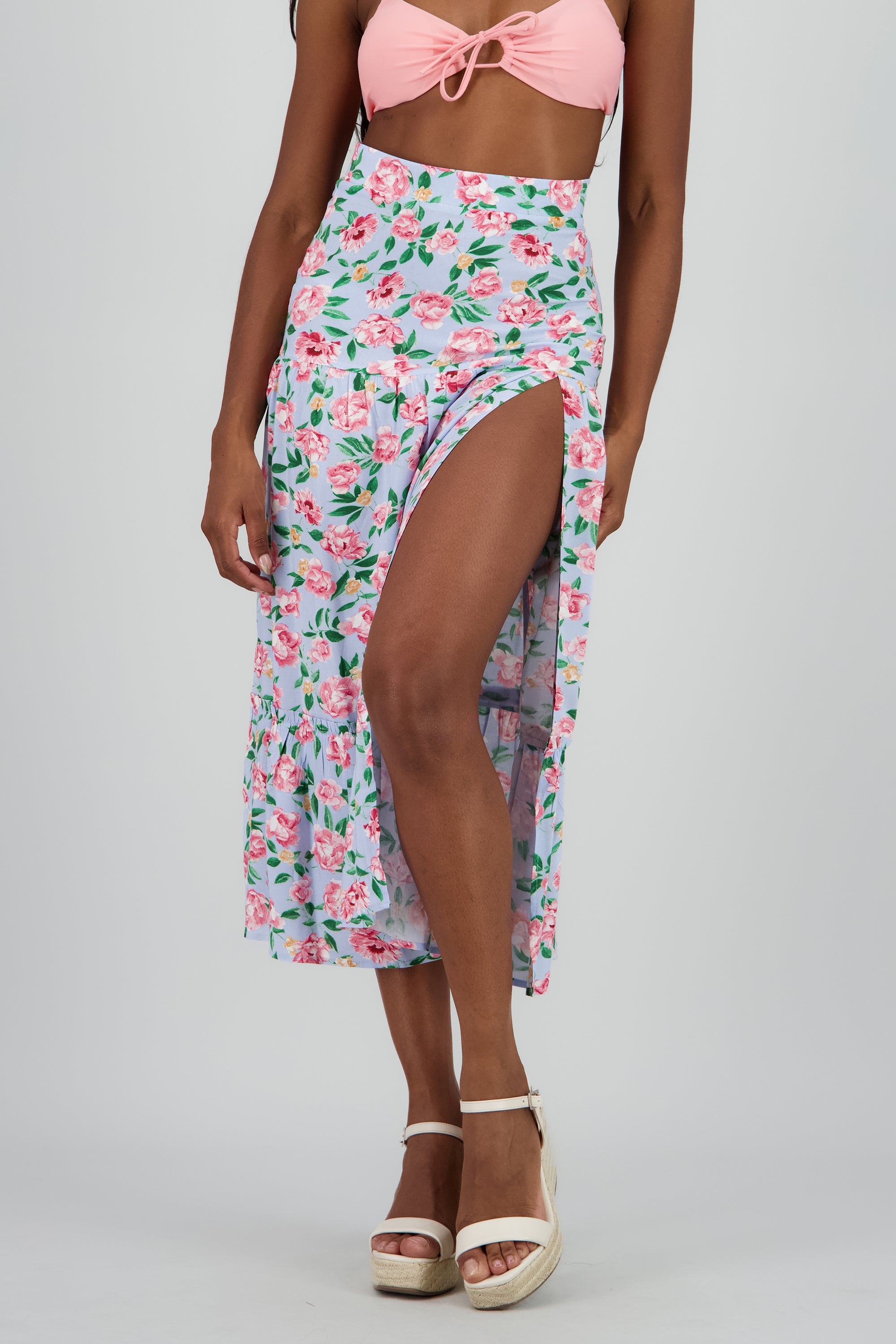 Falda estampado midi abertura AZUL COMBO