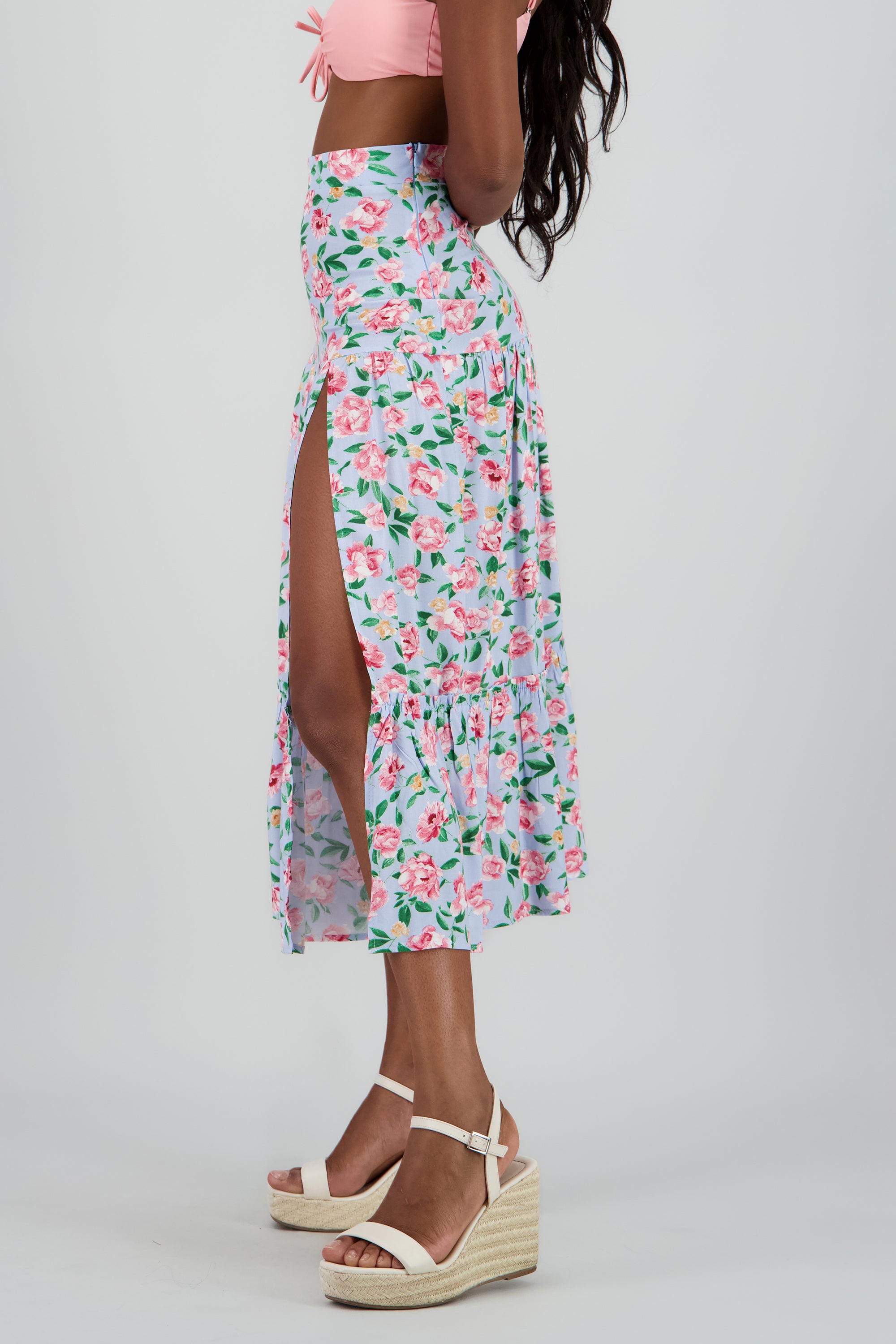 Falda estampado midi abertura AZUL COMBO