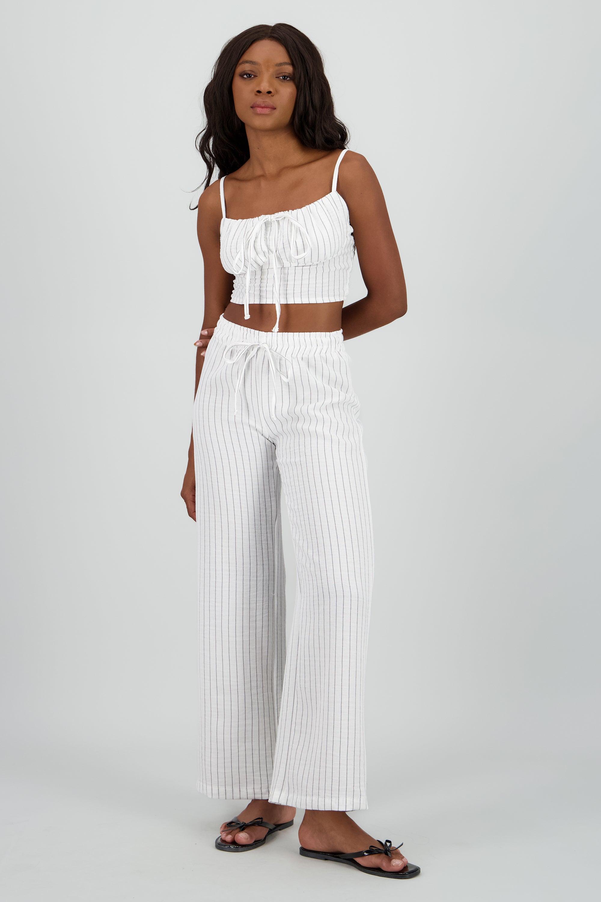 Pantalon textura jareta lineas BLANCO COMBO