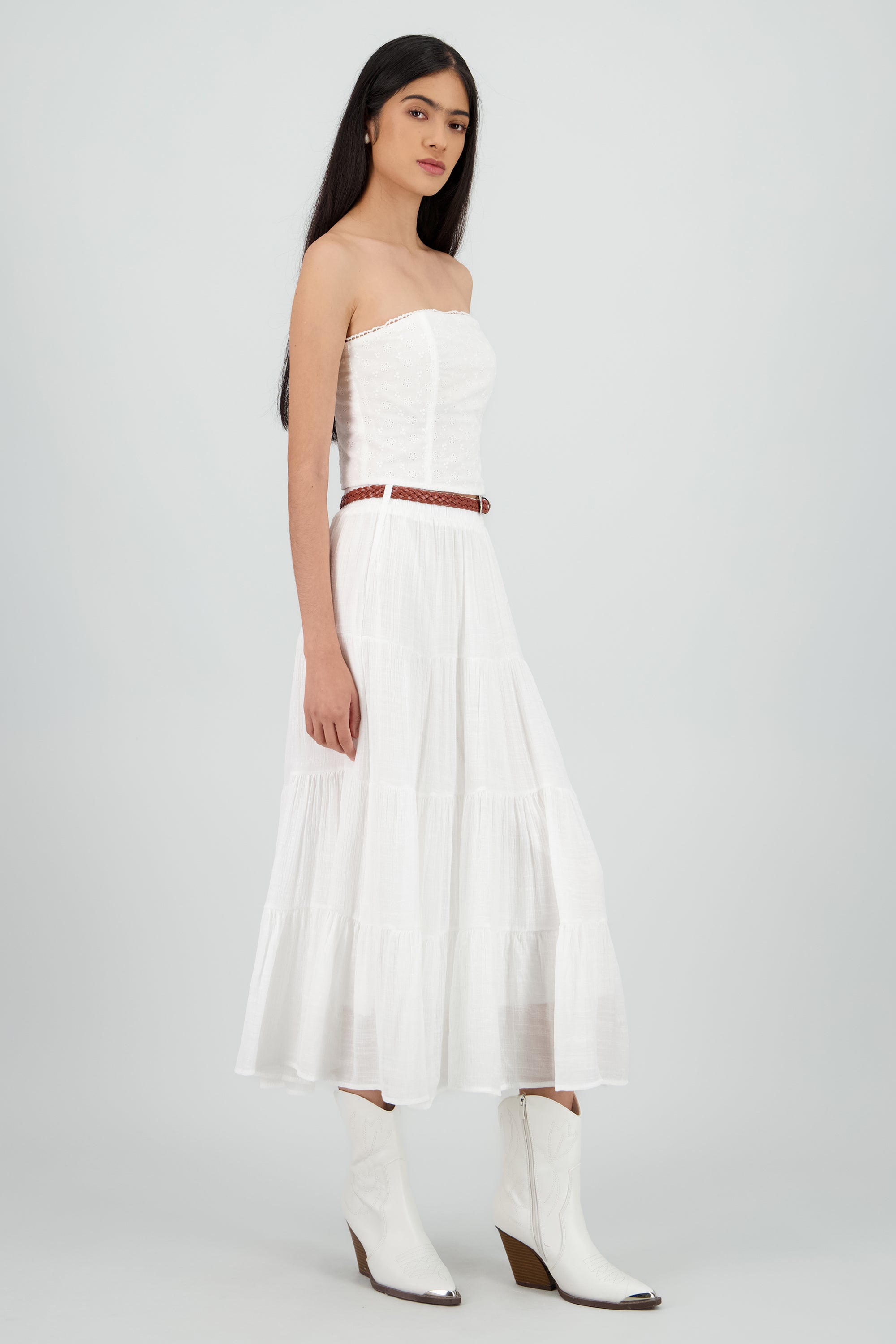 Falda midi con cinturon BLANCO