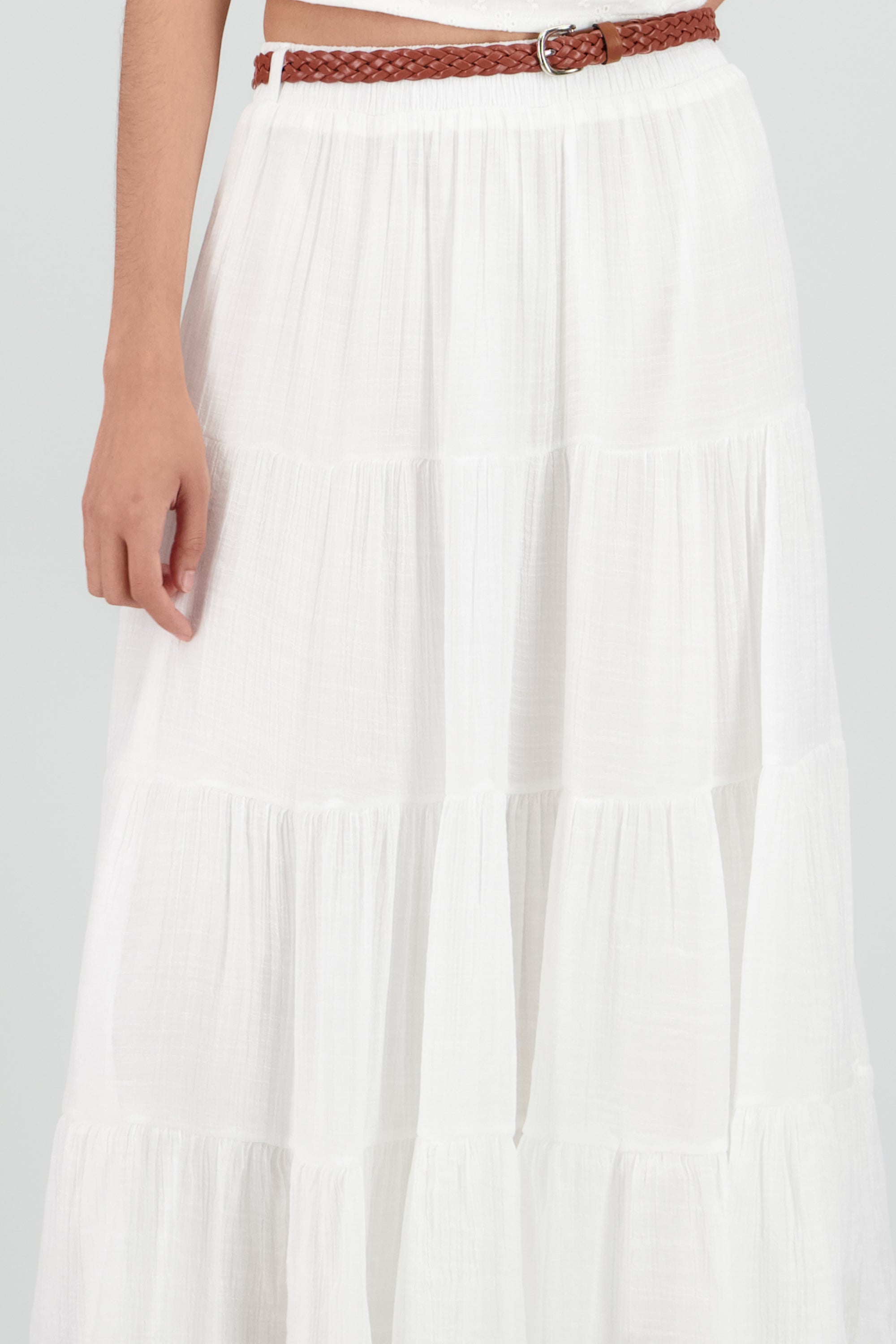Falda midi con cinturon BLANCO