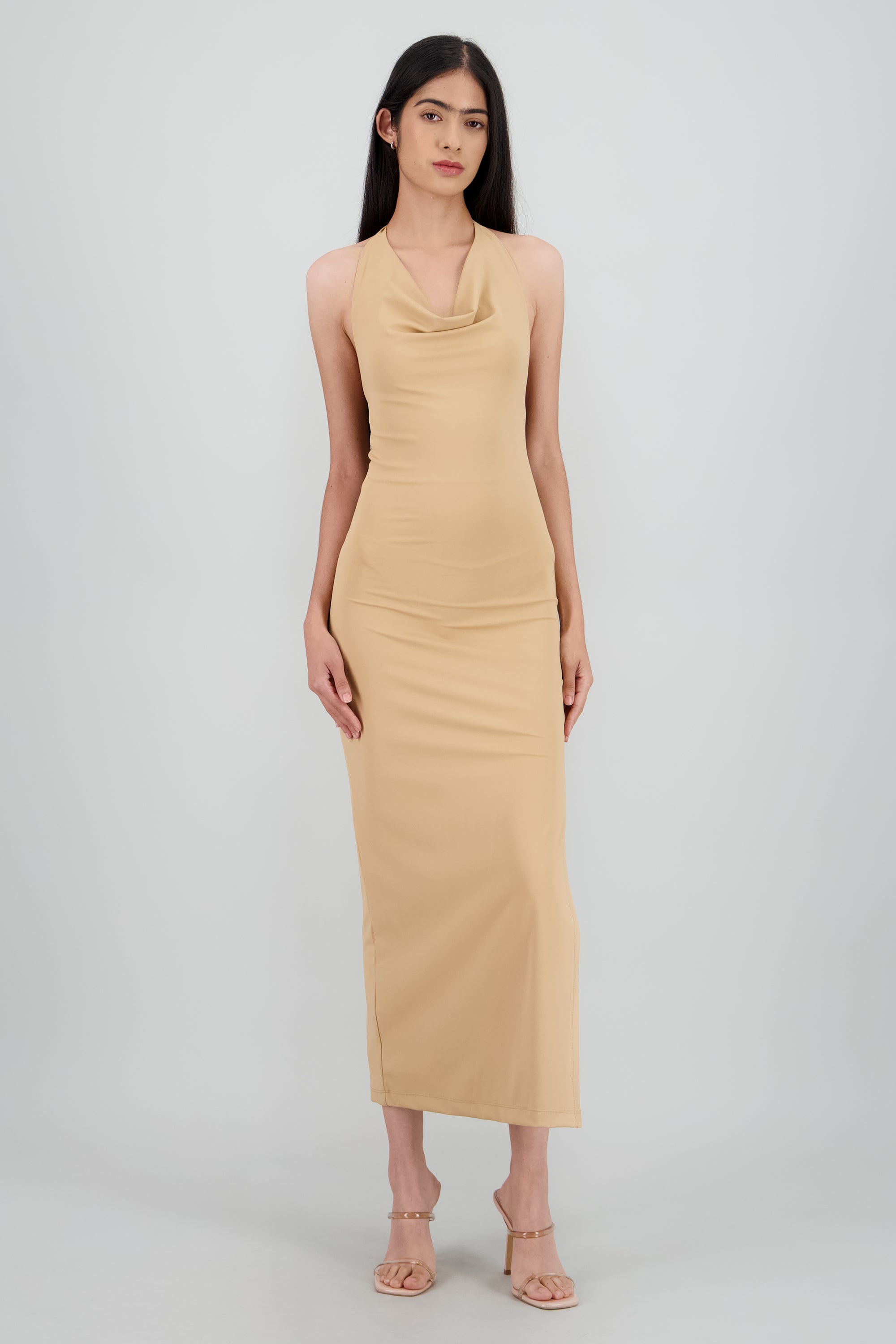 Vestido halter escote cascada maxi TAN