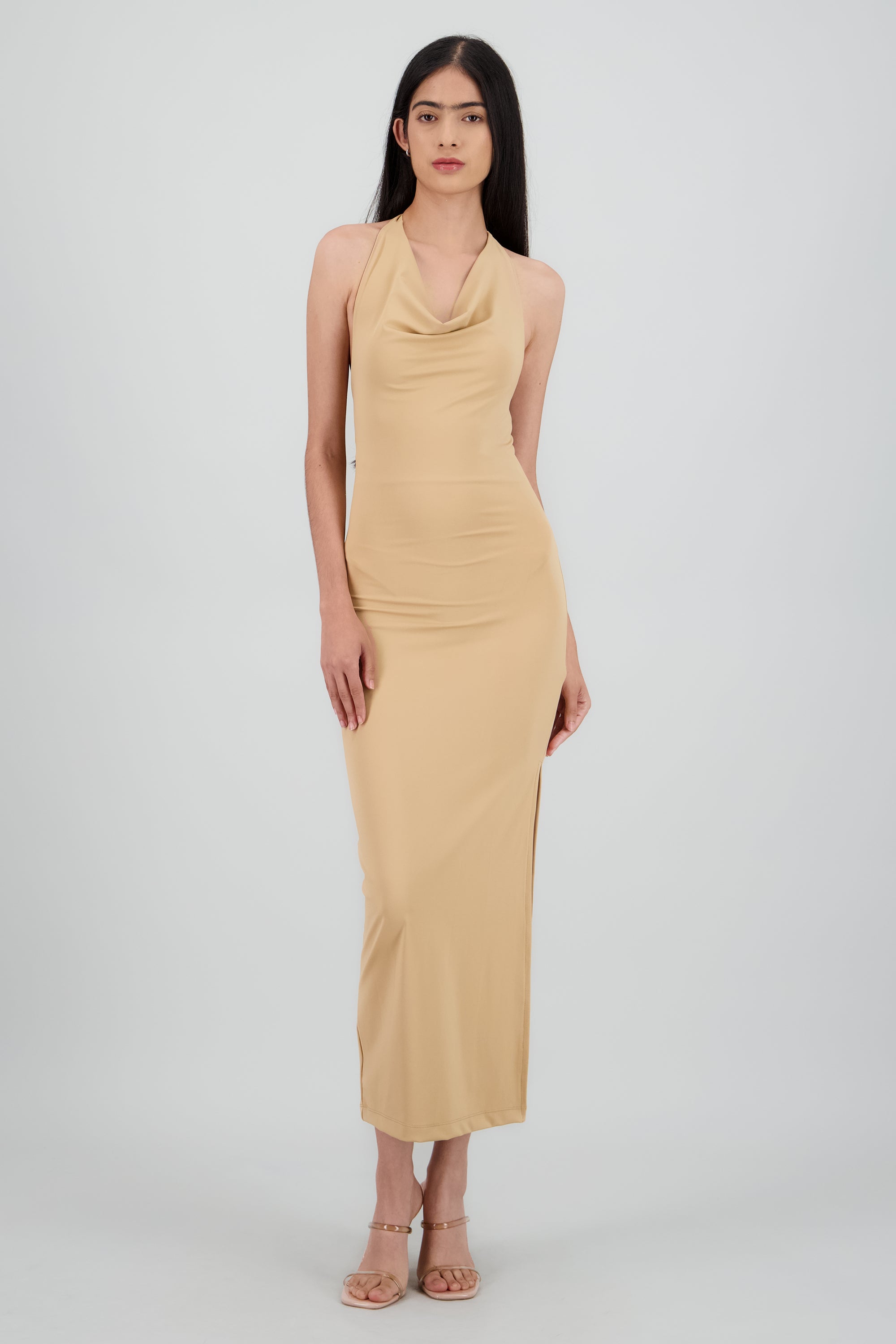 Vestido halter escote cascada maxi TAN