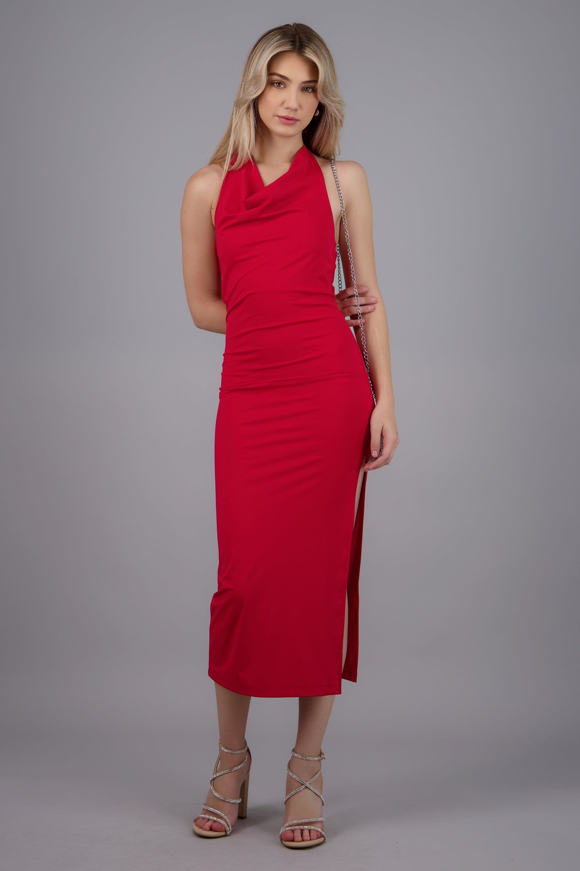 Vestido halter escote cascada maxi ROJO