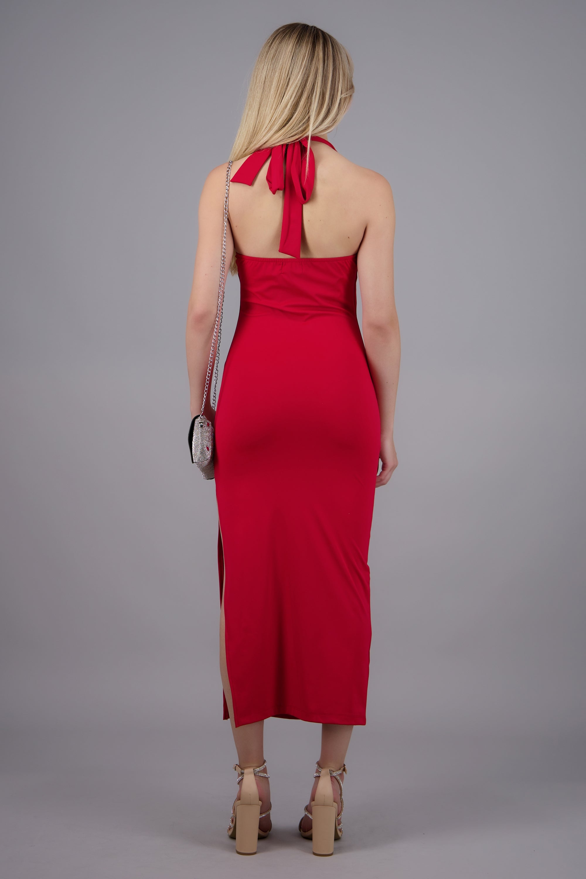 Vestido halter escote cascada maxi ROJO