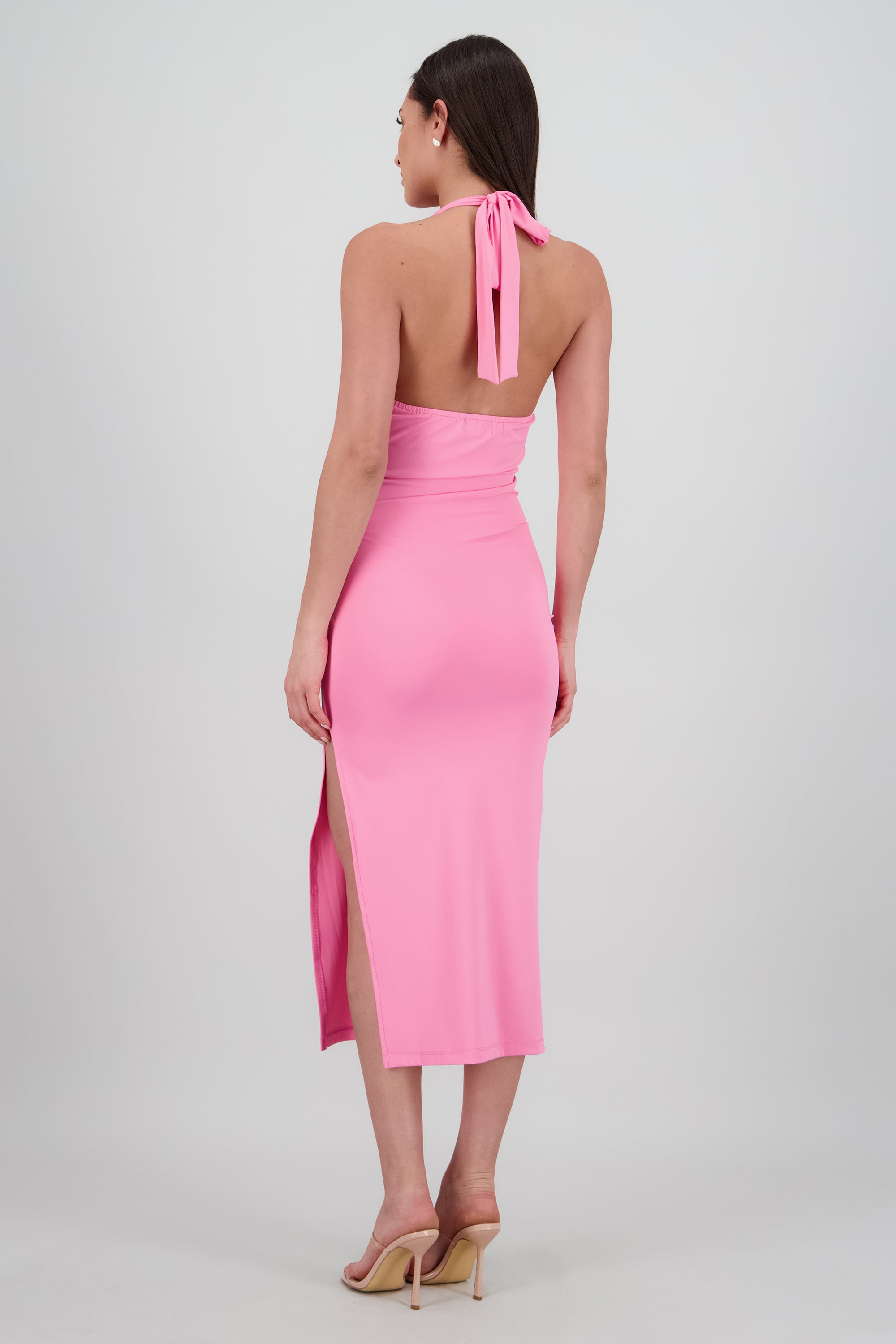 Vestido halter escote cascada maxi ROSA PASTEL