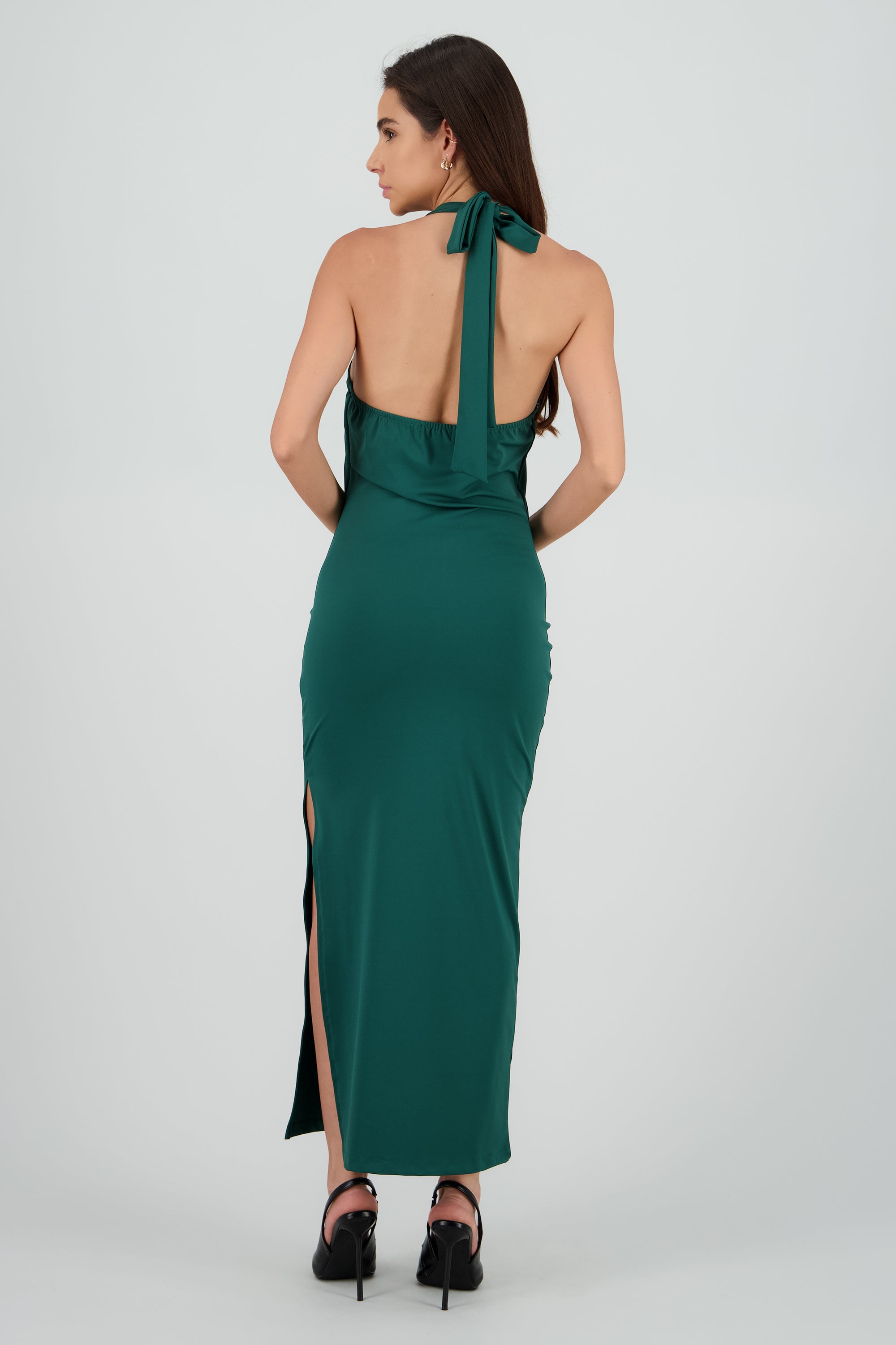 Vestido halter escote cascada maxi VERDE CAZADOR