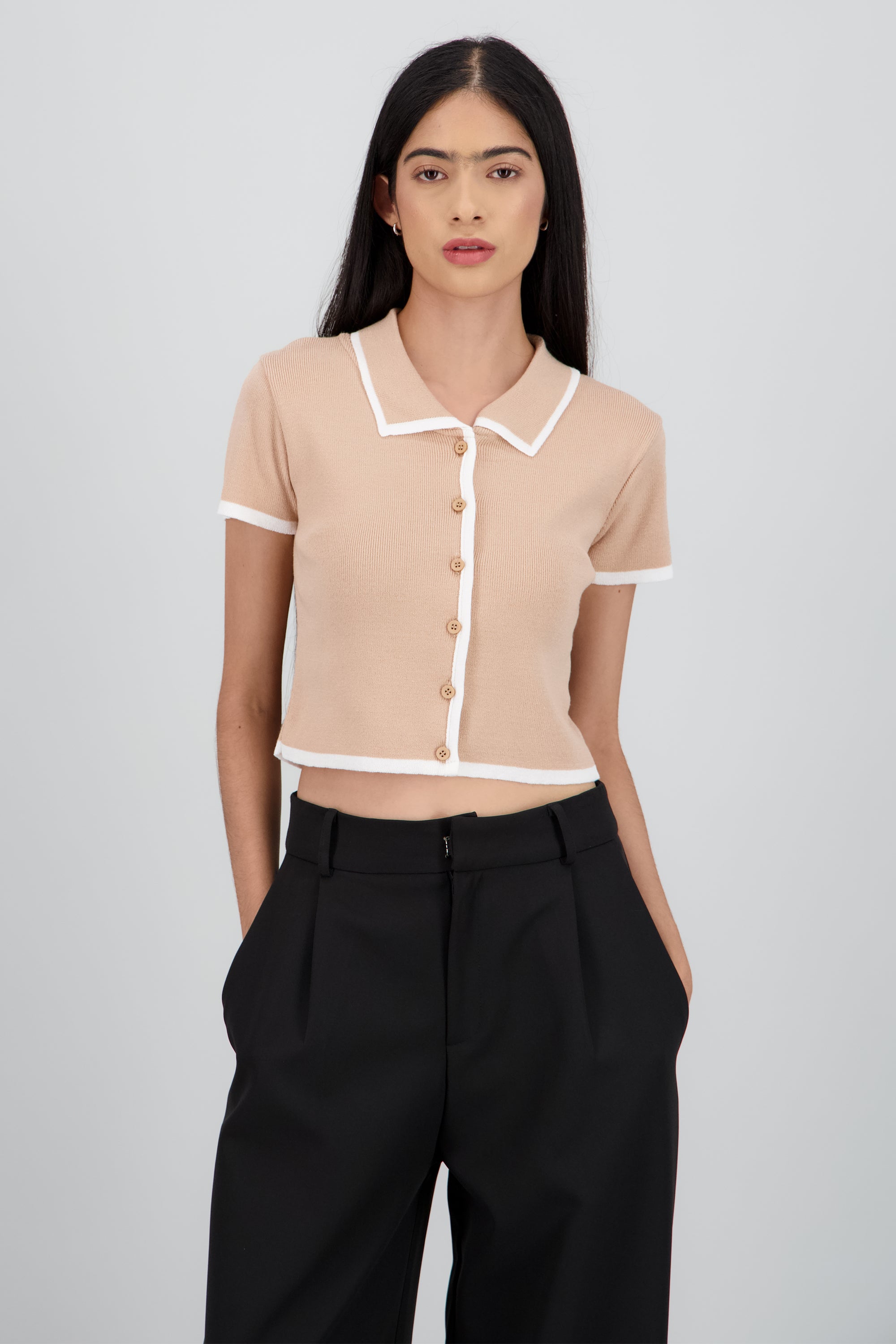 Top tejido contraste polo botones BEIGE