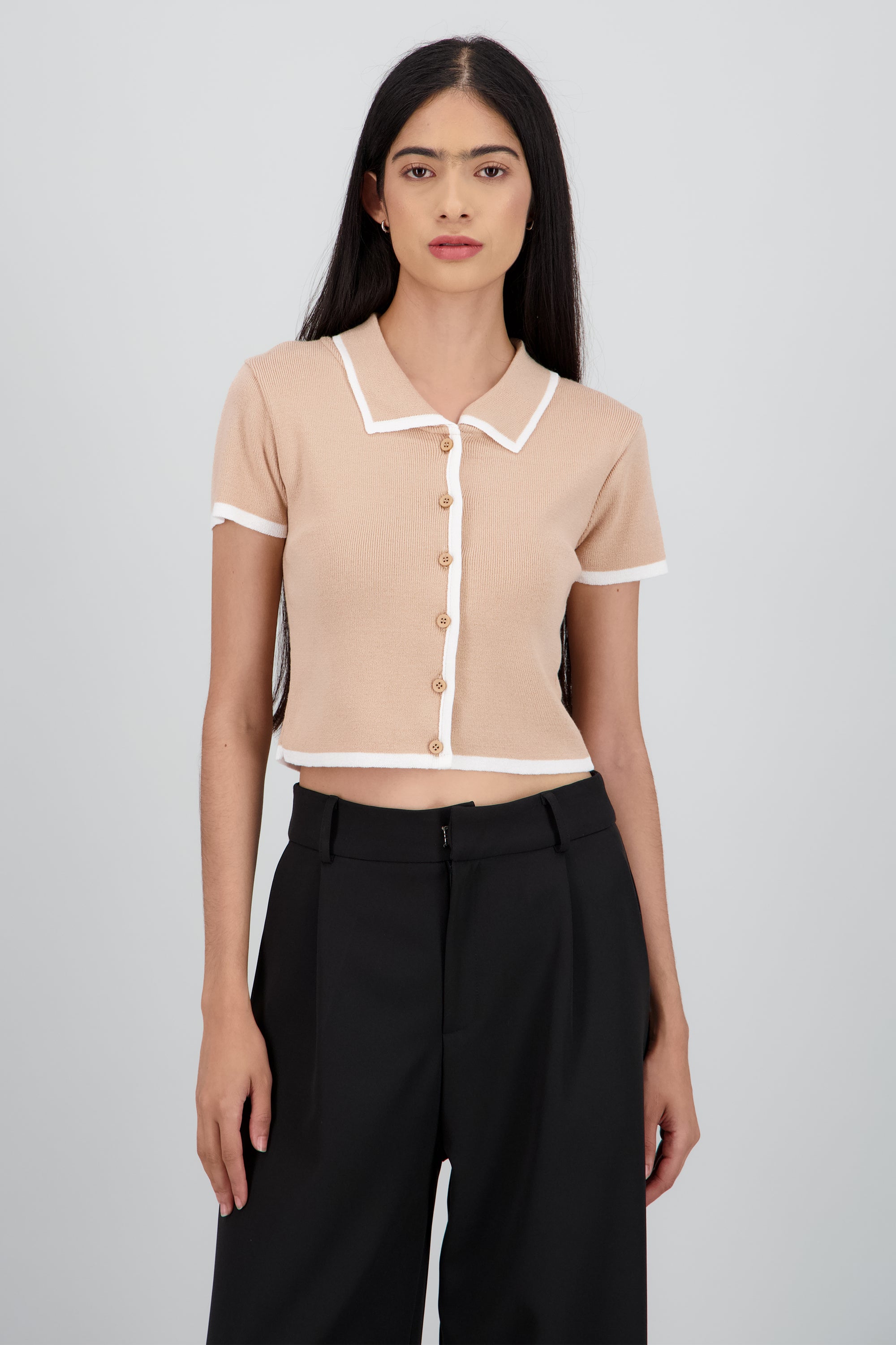 Top tejido contraste polo botones BEIGE