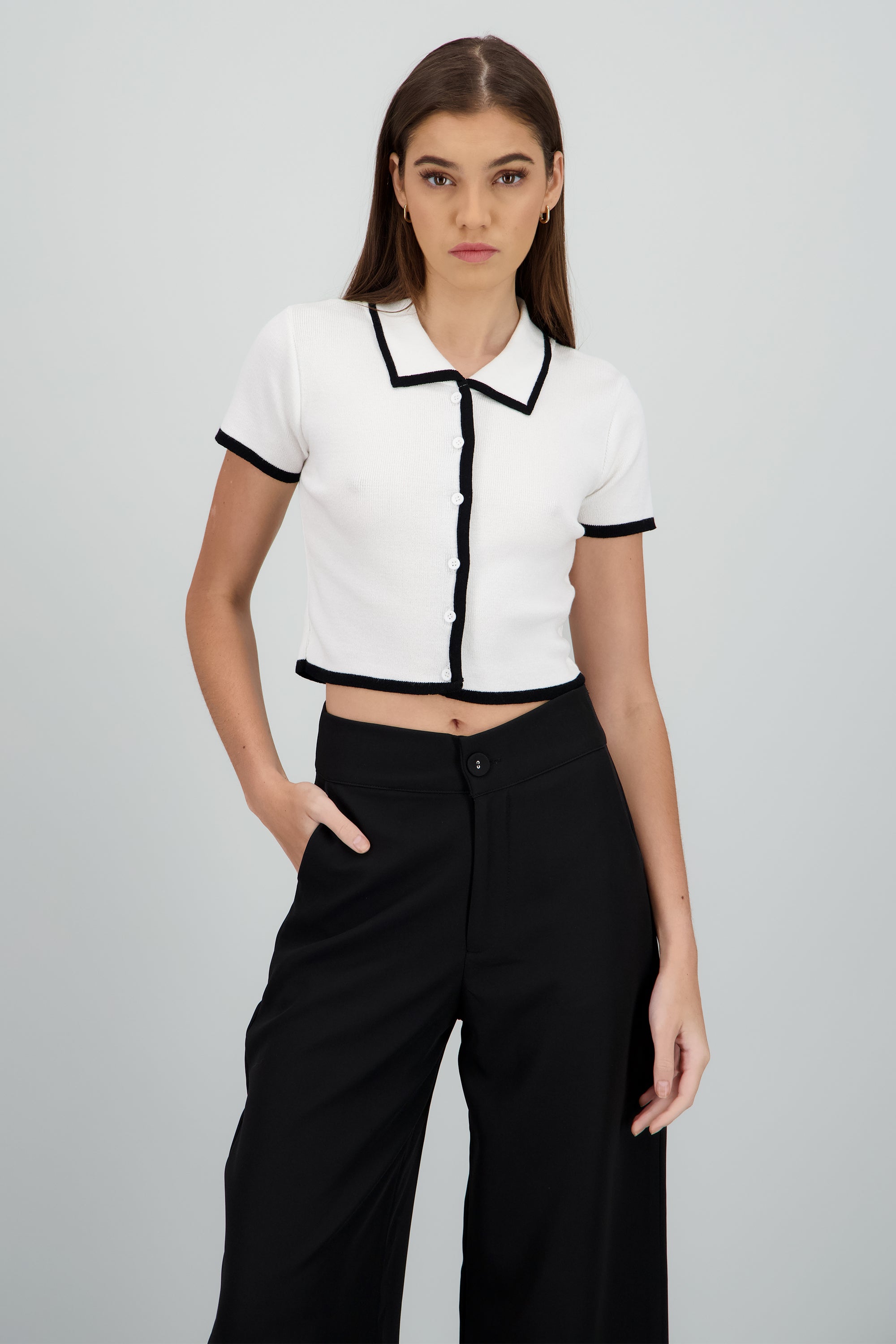 Top tejido contraste polo botones BLANCO COMBO