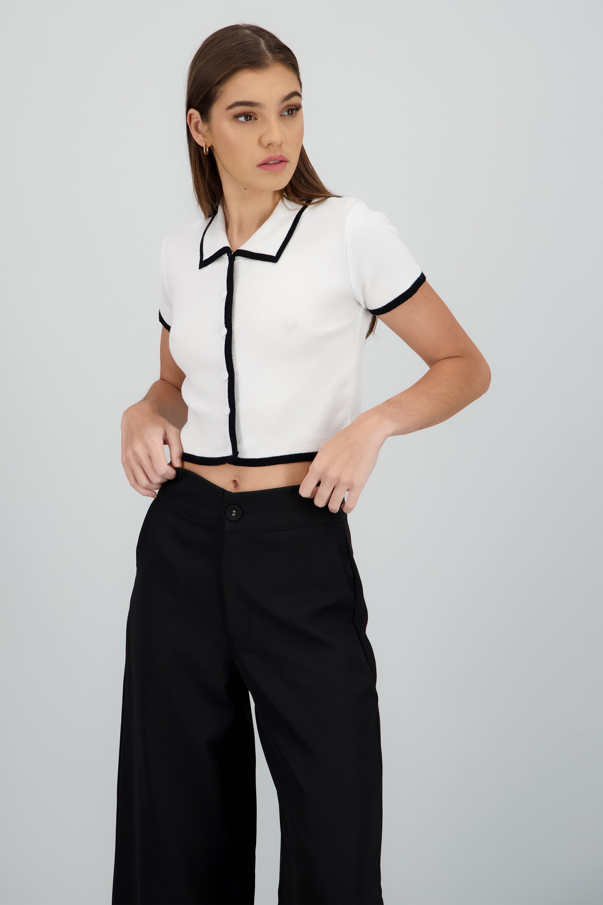 Top tejido contraste polo botones BLANCO COMBO