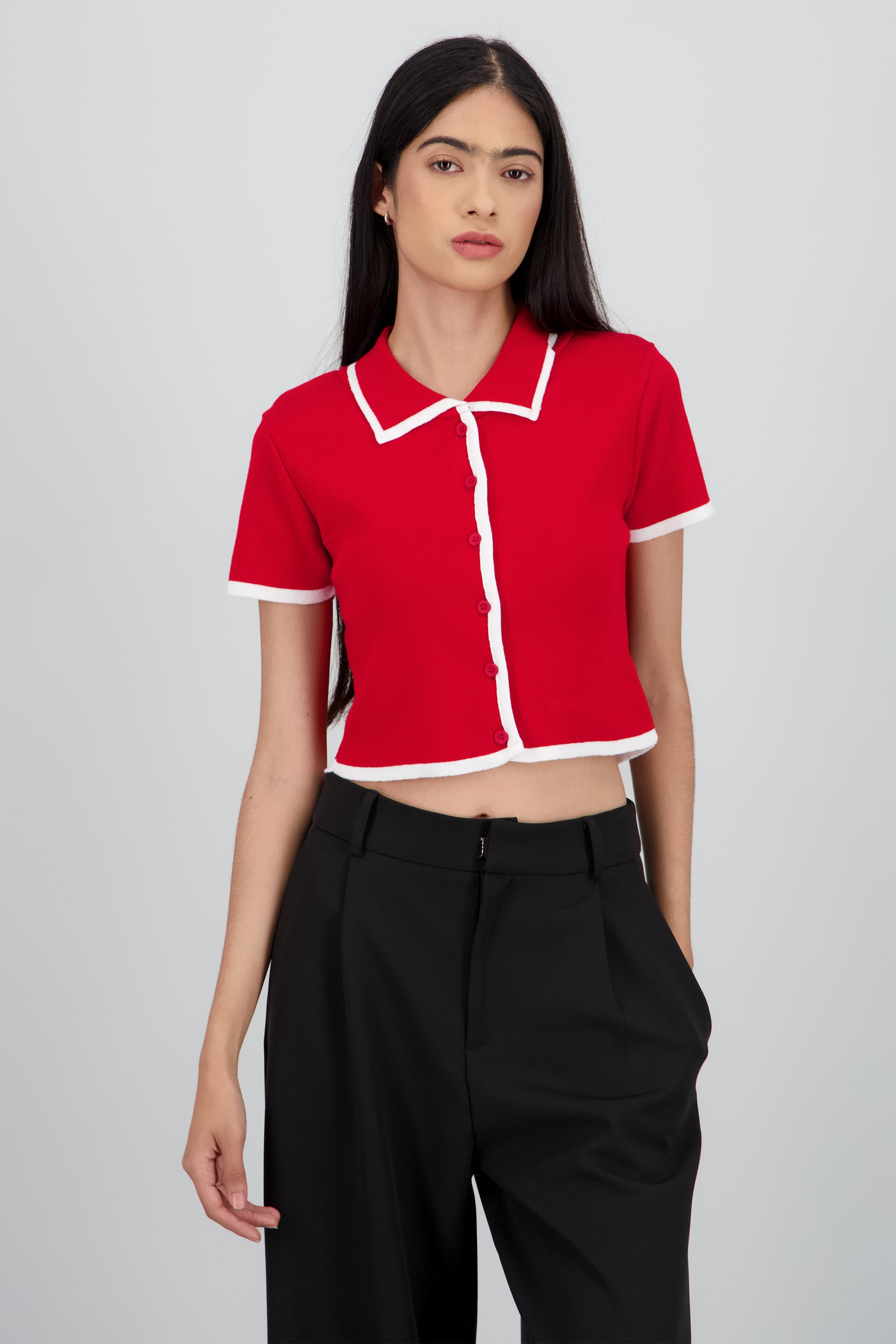 Top tejido contraste polo botones ROJO COMBO
