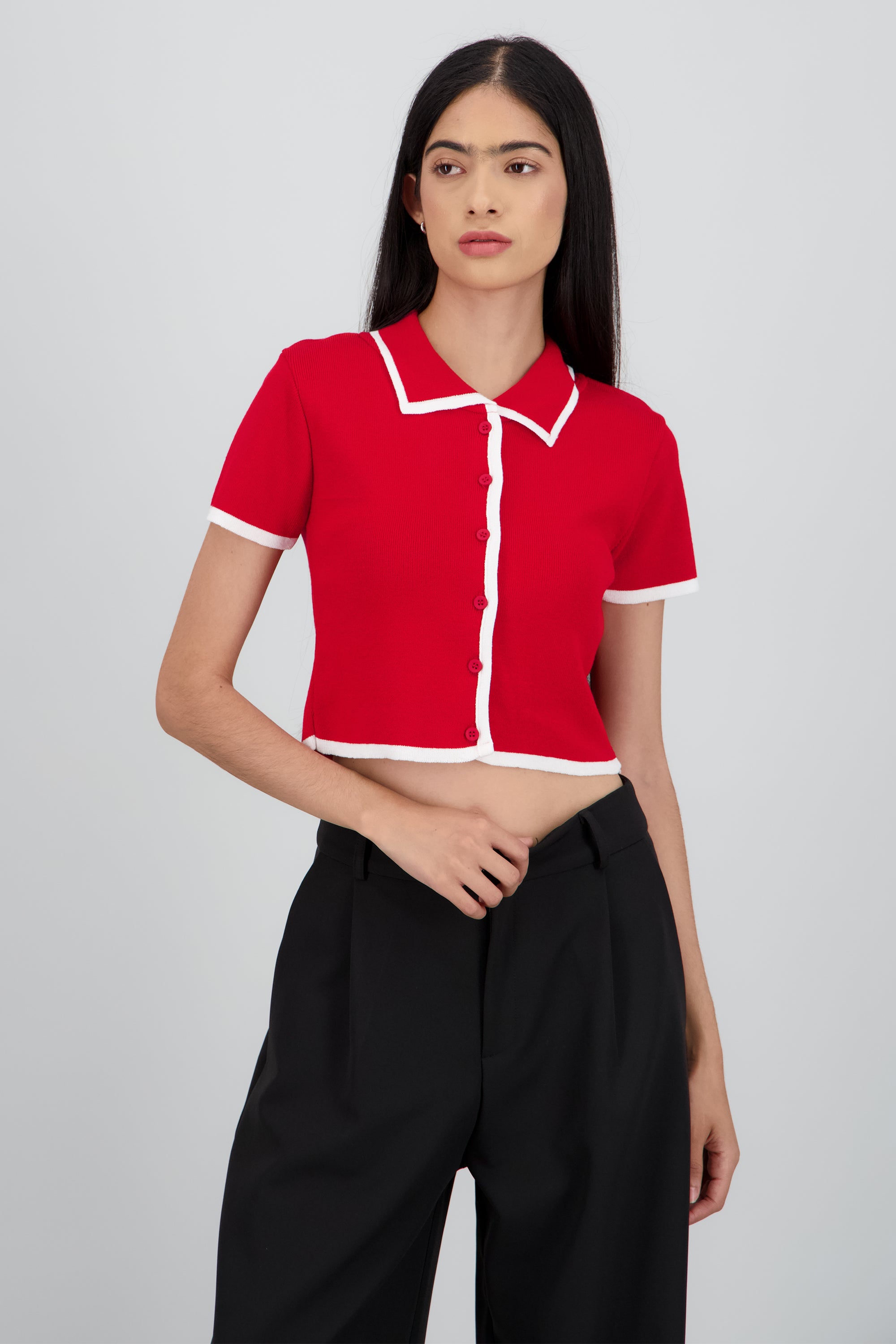 Top tejido contraste polo botones ROJO COMBO