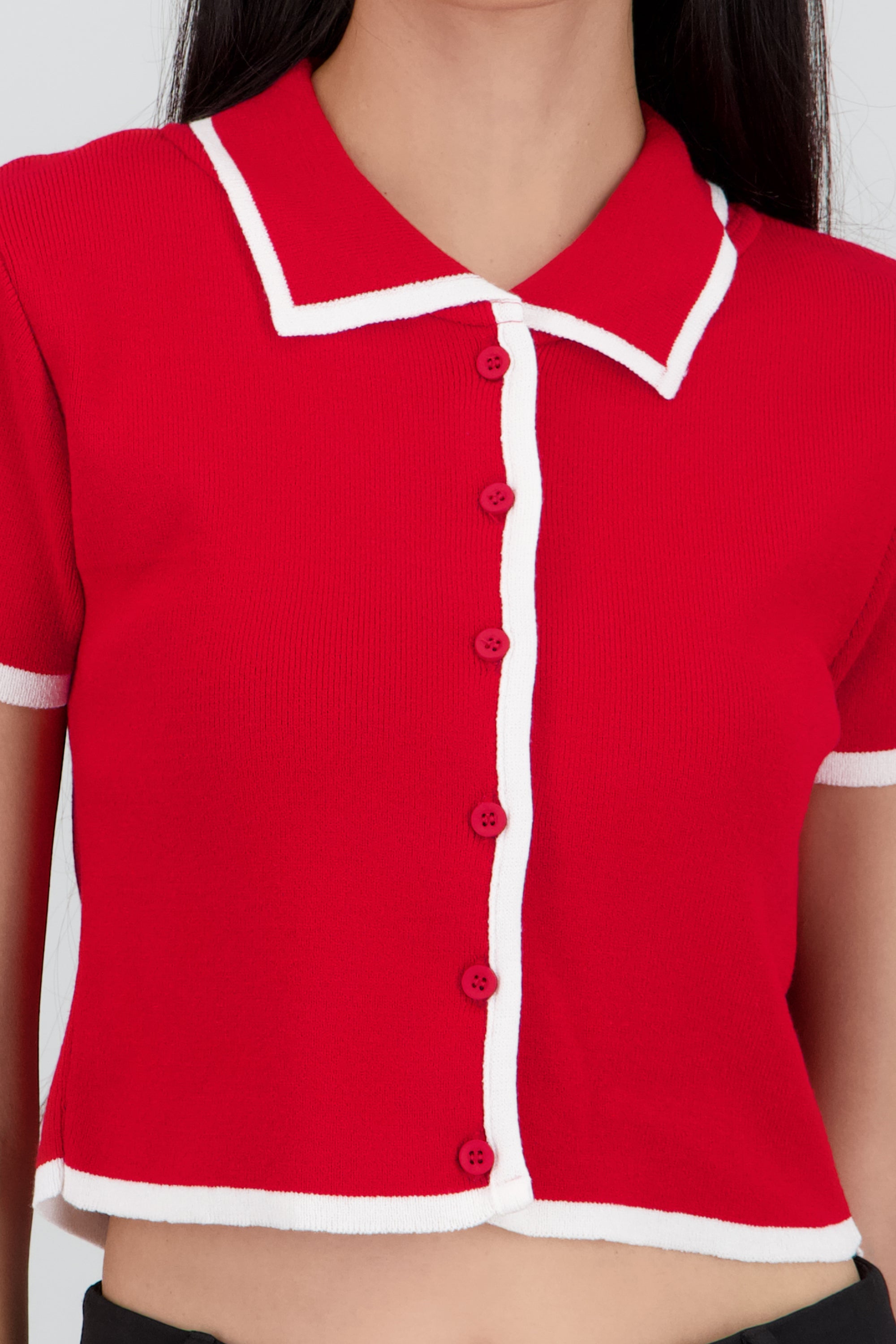 Top tejido contraste polo botones ROJO COMBO