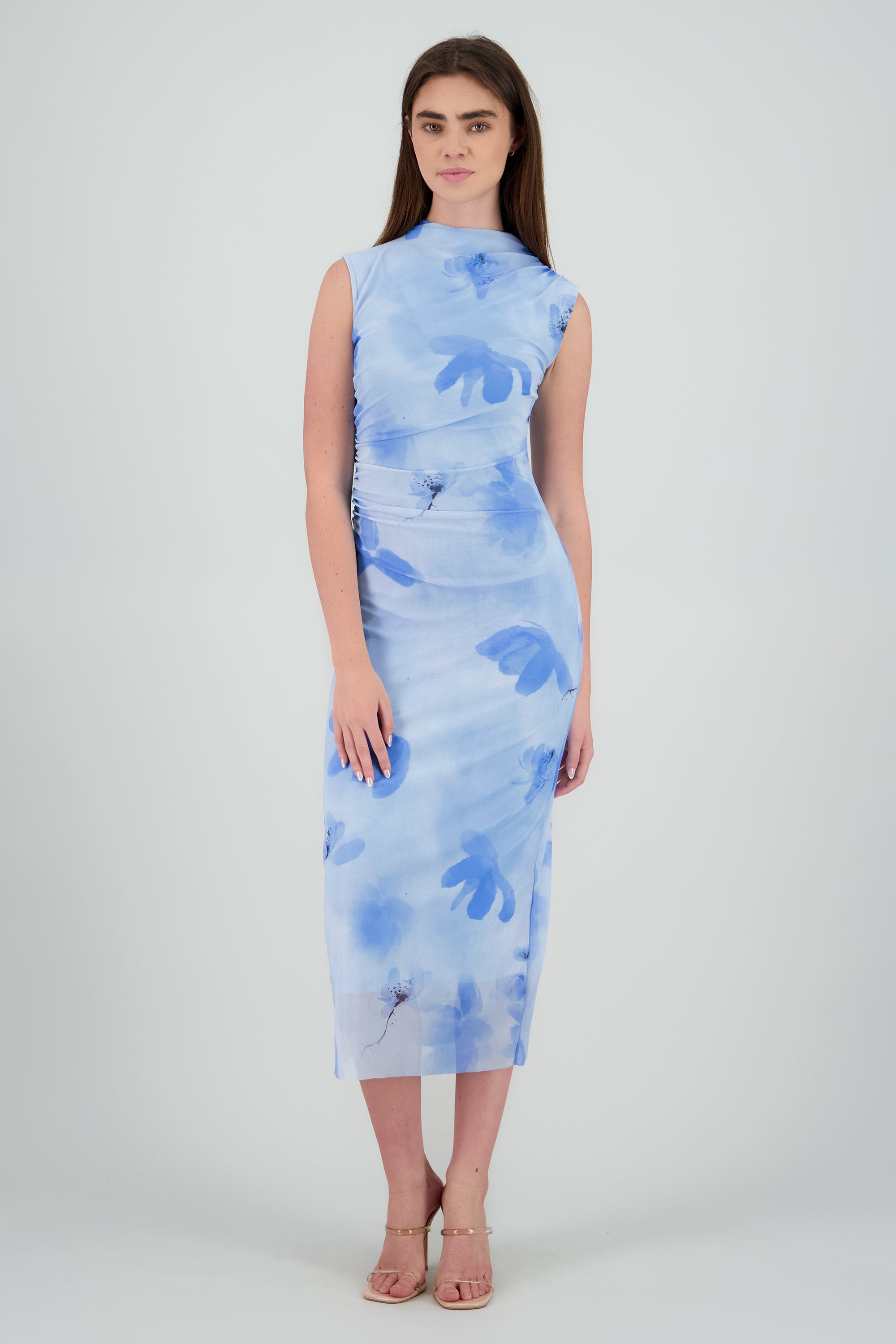 Vestido drapeado mesh flores AZUL