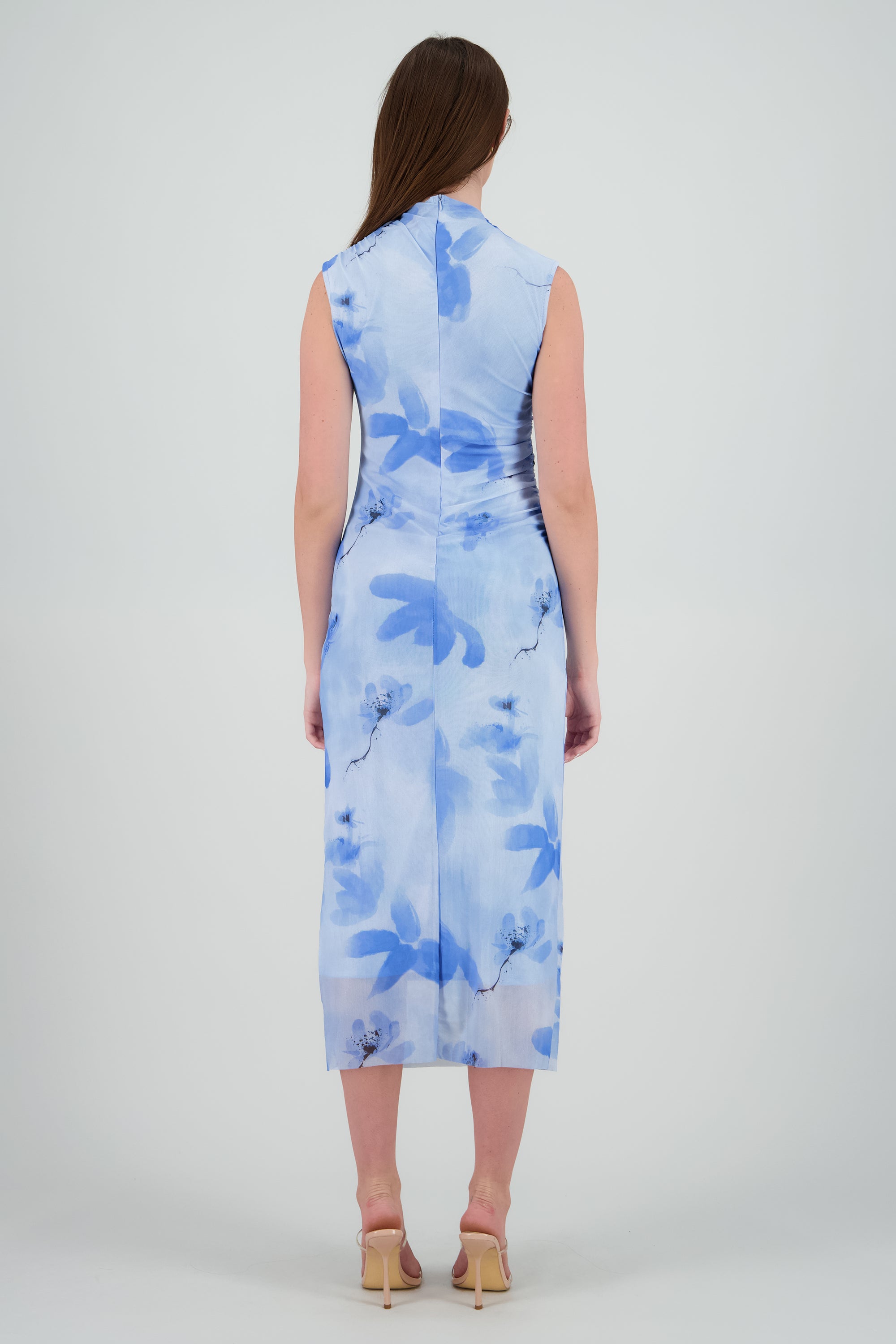 Vestido drapeado mesh flores AZUL