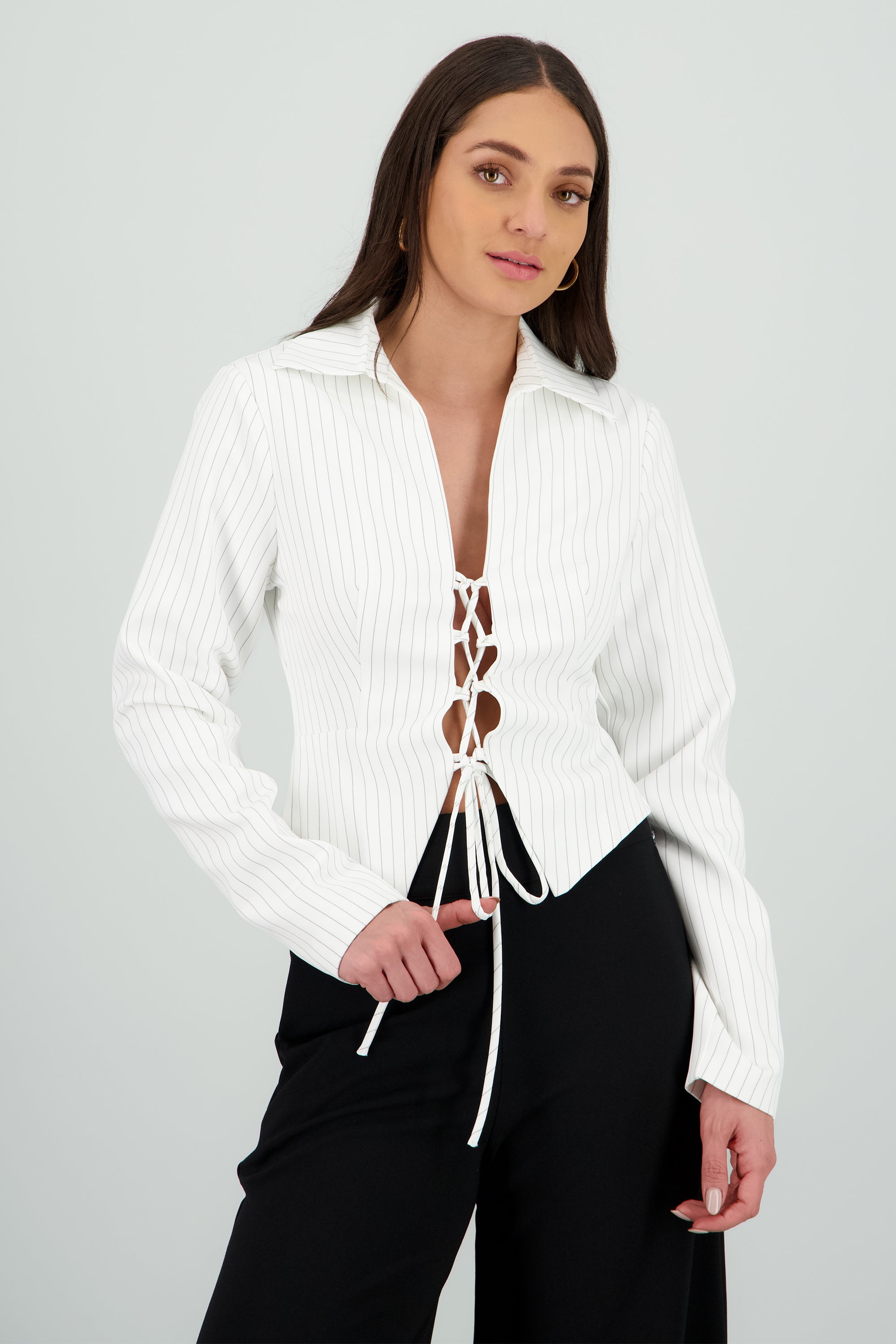 Blusa rayas m/l esc lace up BLANCO COMBO