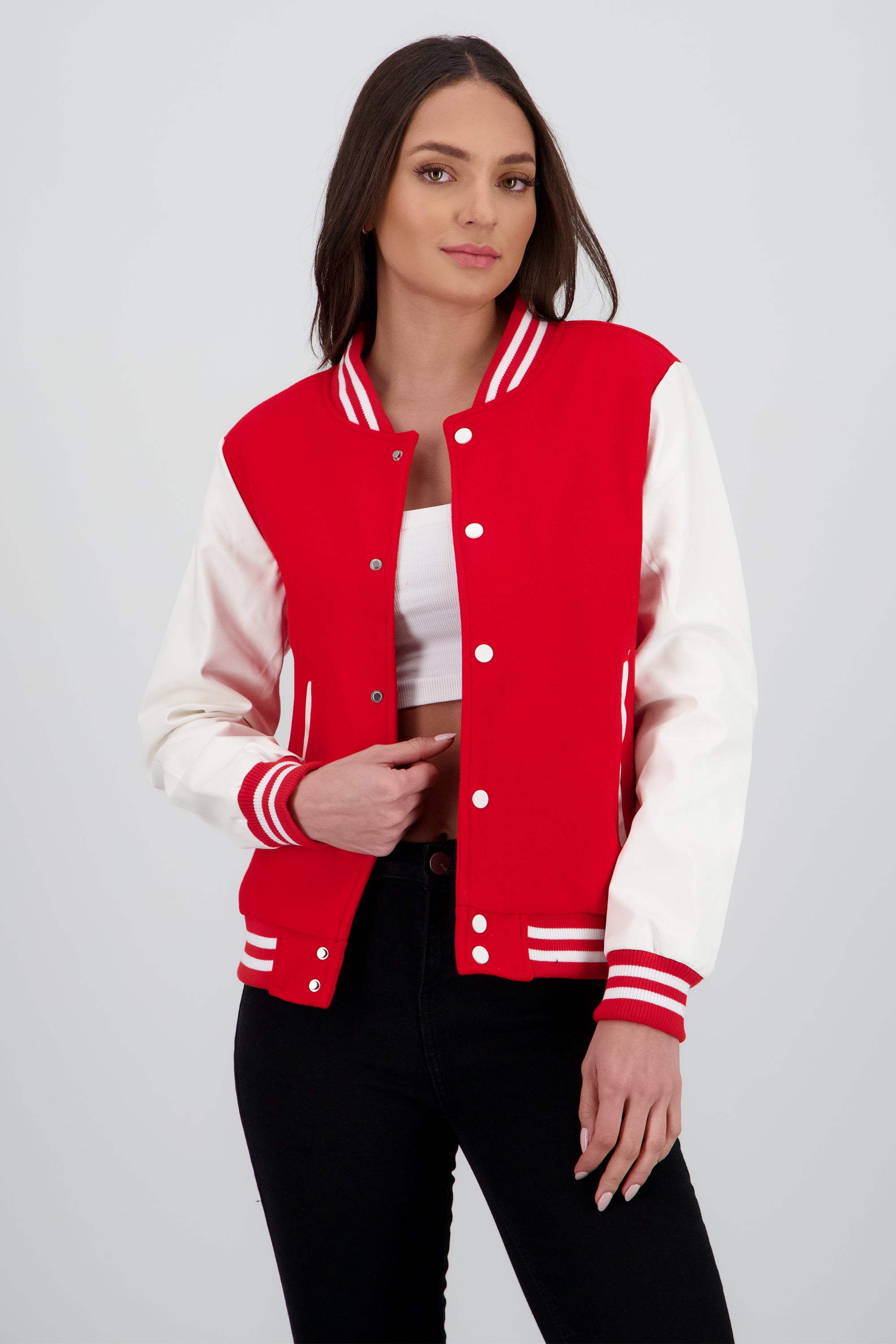 Chamarra bomber mangas efecto piel ROJO COMBO