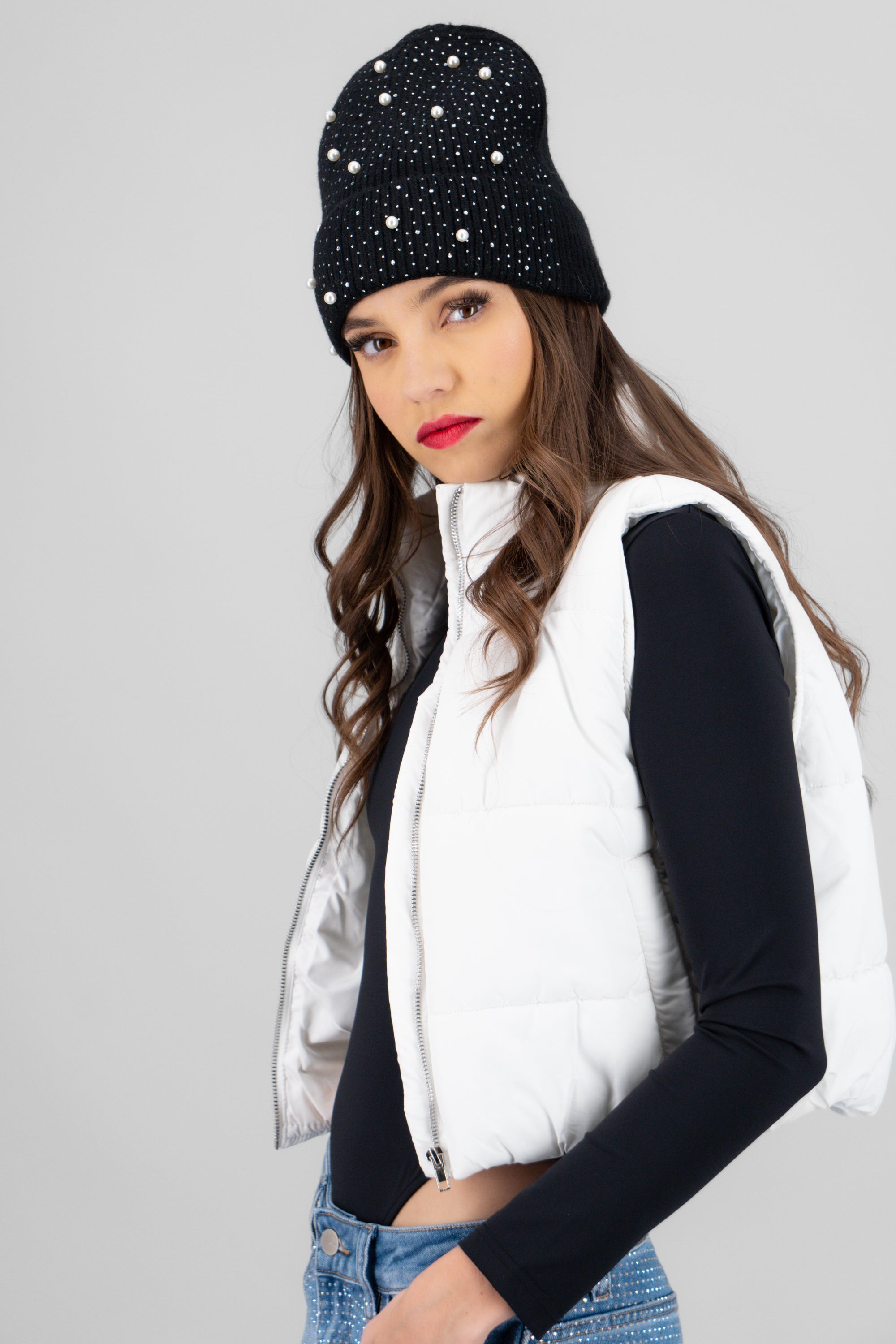 Beanie perlas brillos NEGRO