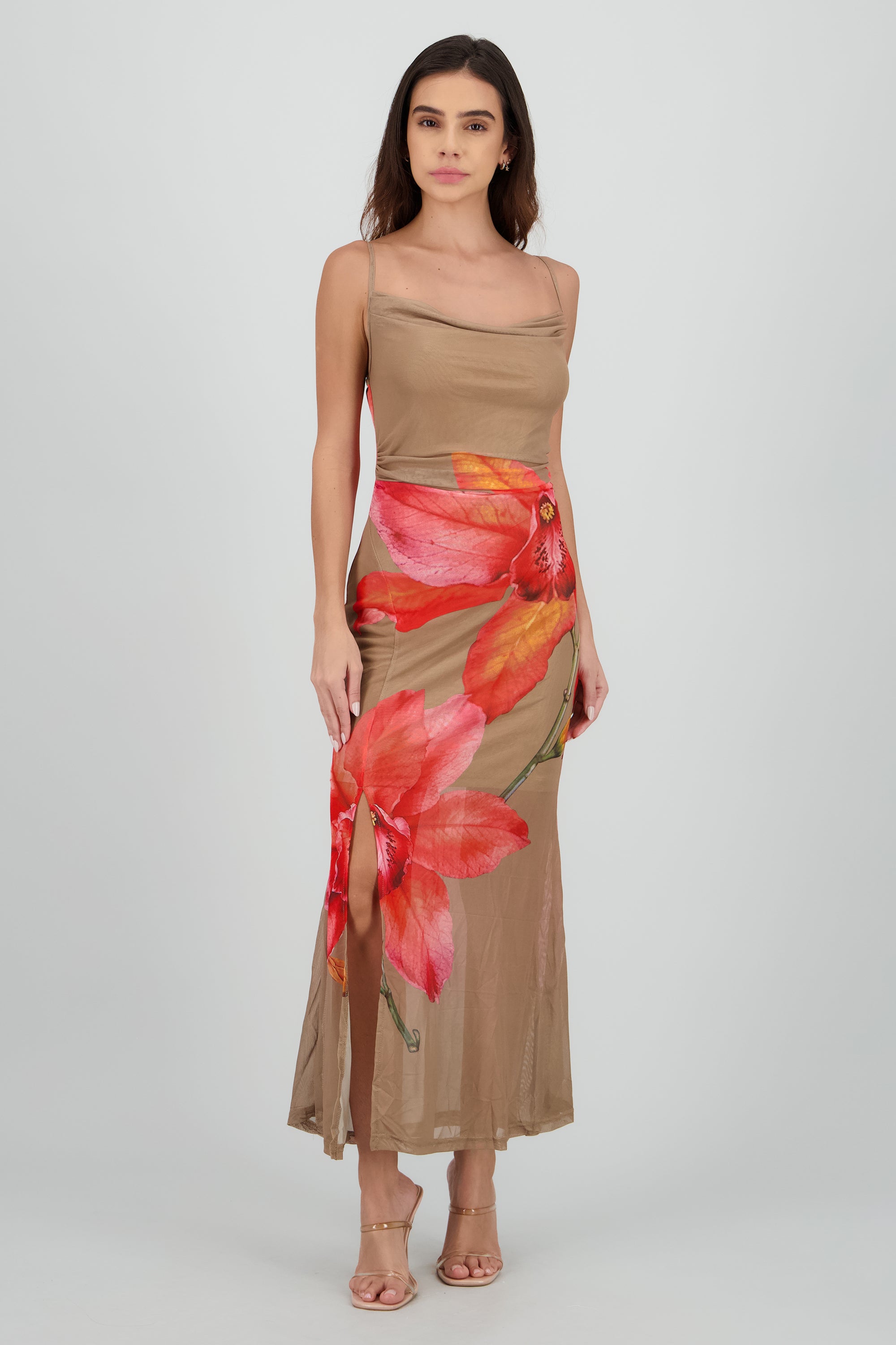 Vestido midi estampado flor BEIGE