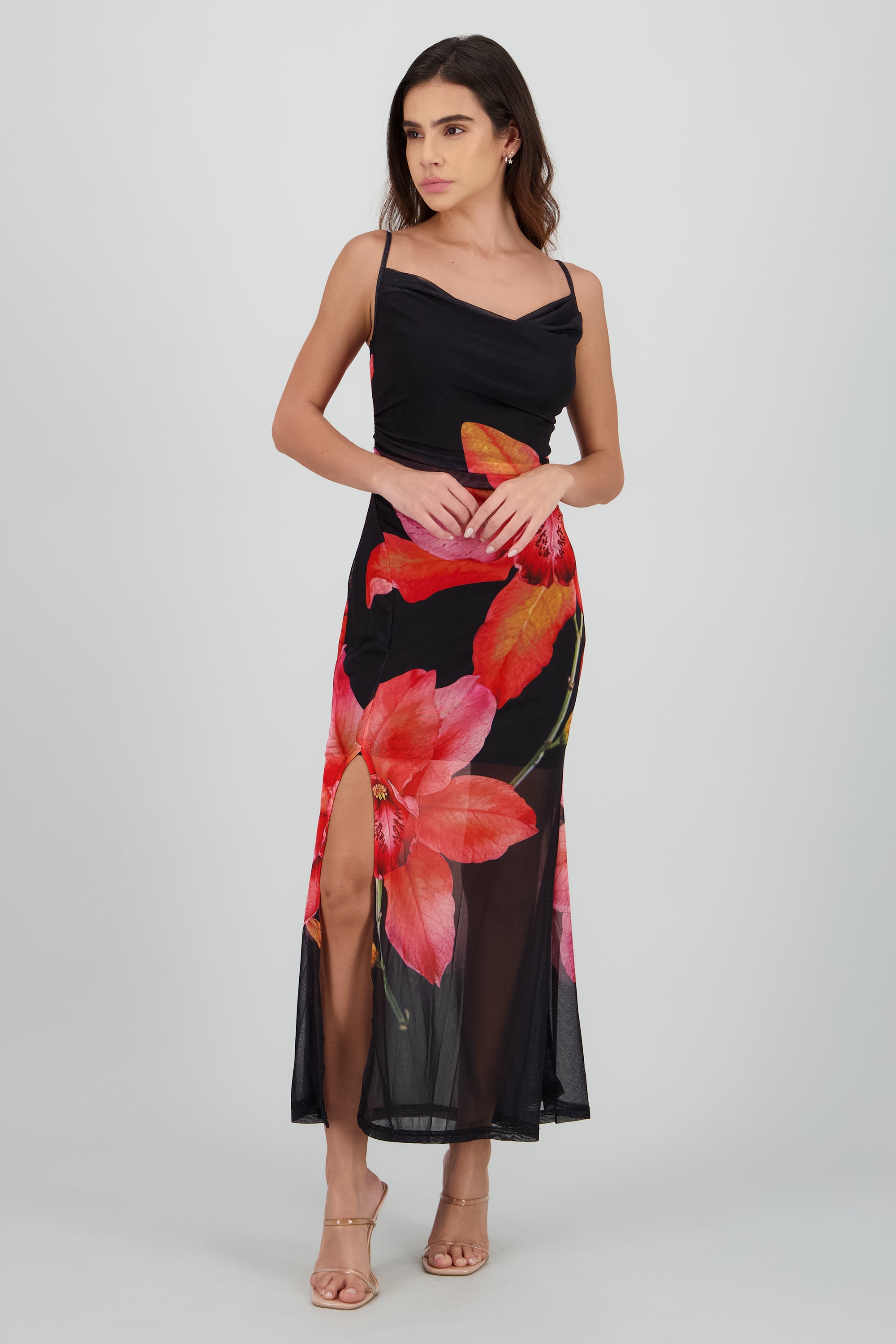 Vestido midi estampado flor NEGRO COMBO