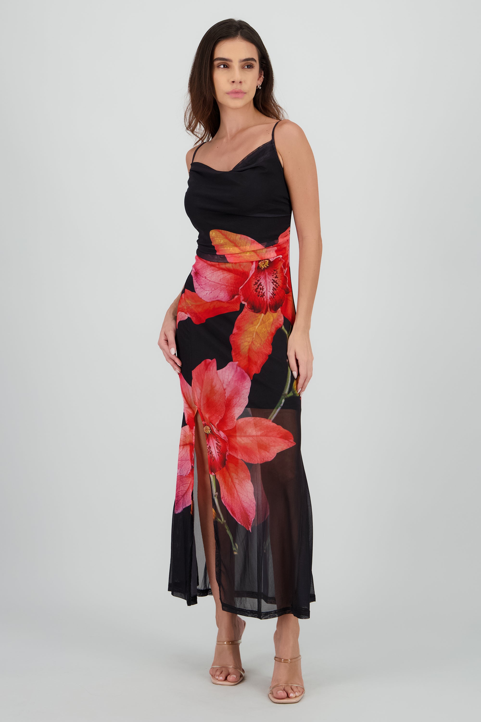 Vestido midi estampado flor NEGRO COMBO