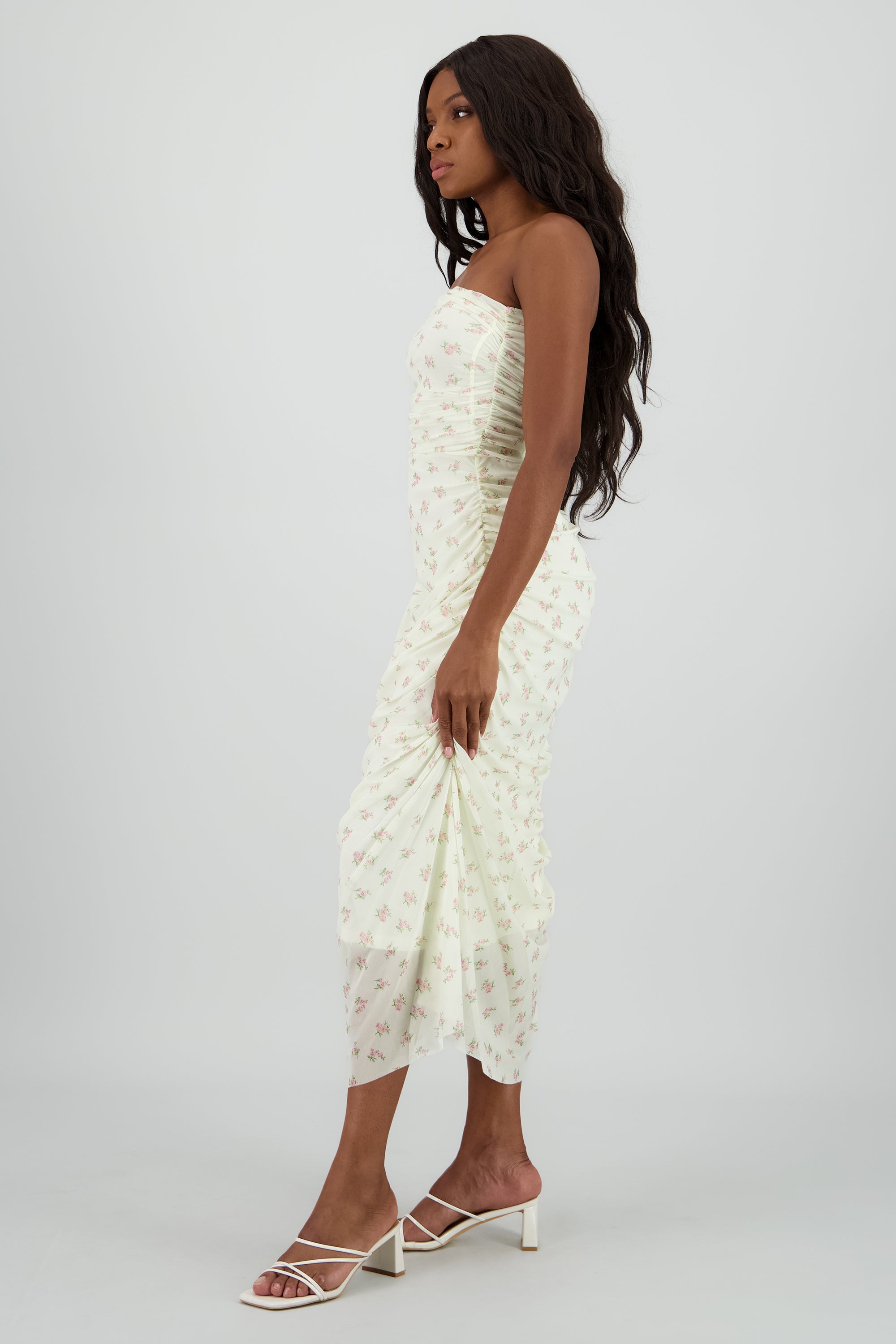 Vestido strapless de mesh estampado AMARILLO COMBO
