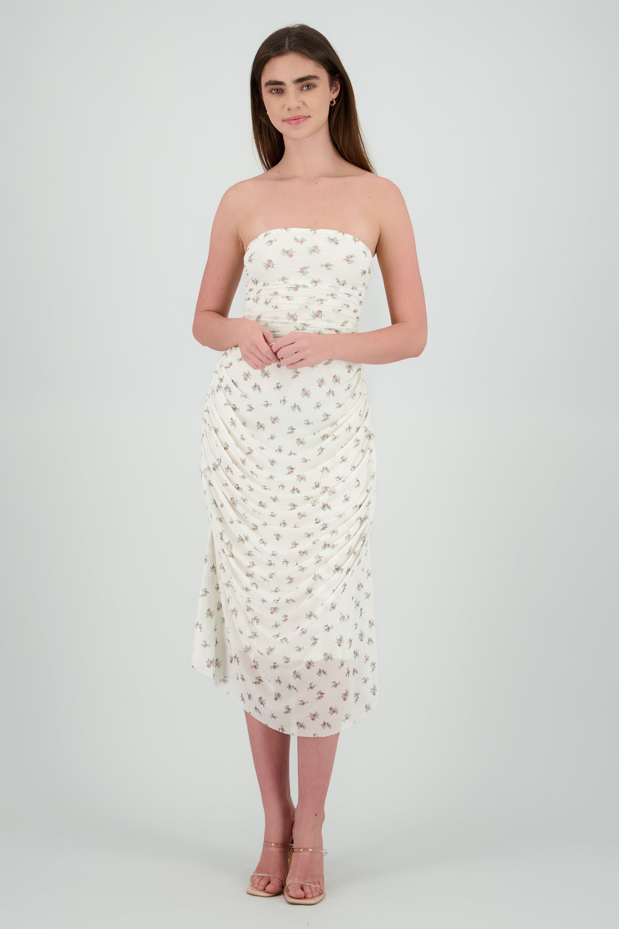 Vestido strapless de mesh estampado HUESO COMBO