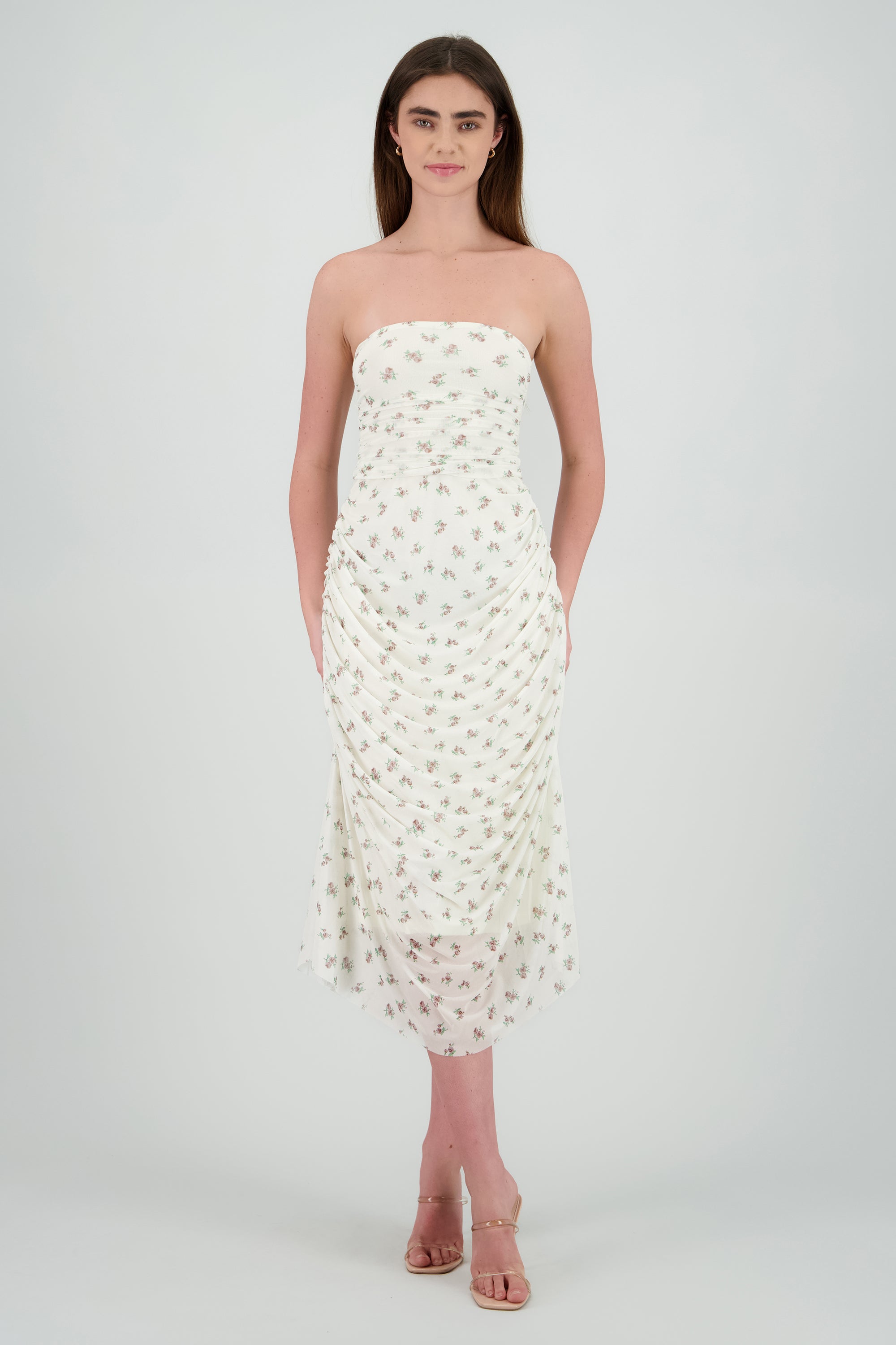 Vestido strapless de mesh estampado HUESO COMBO