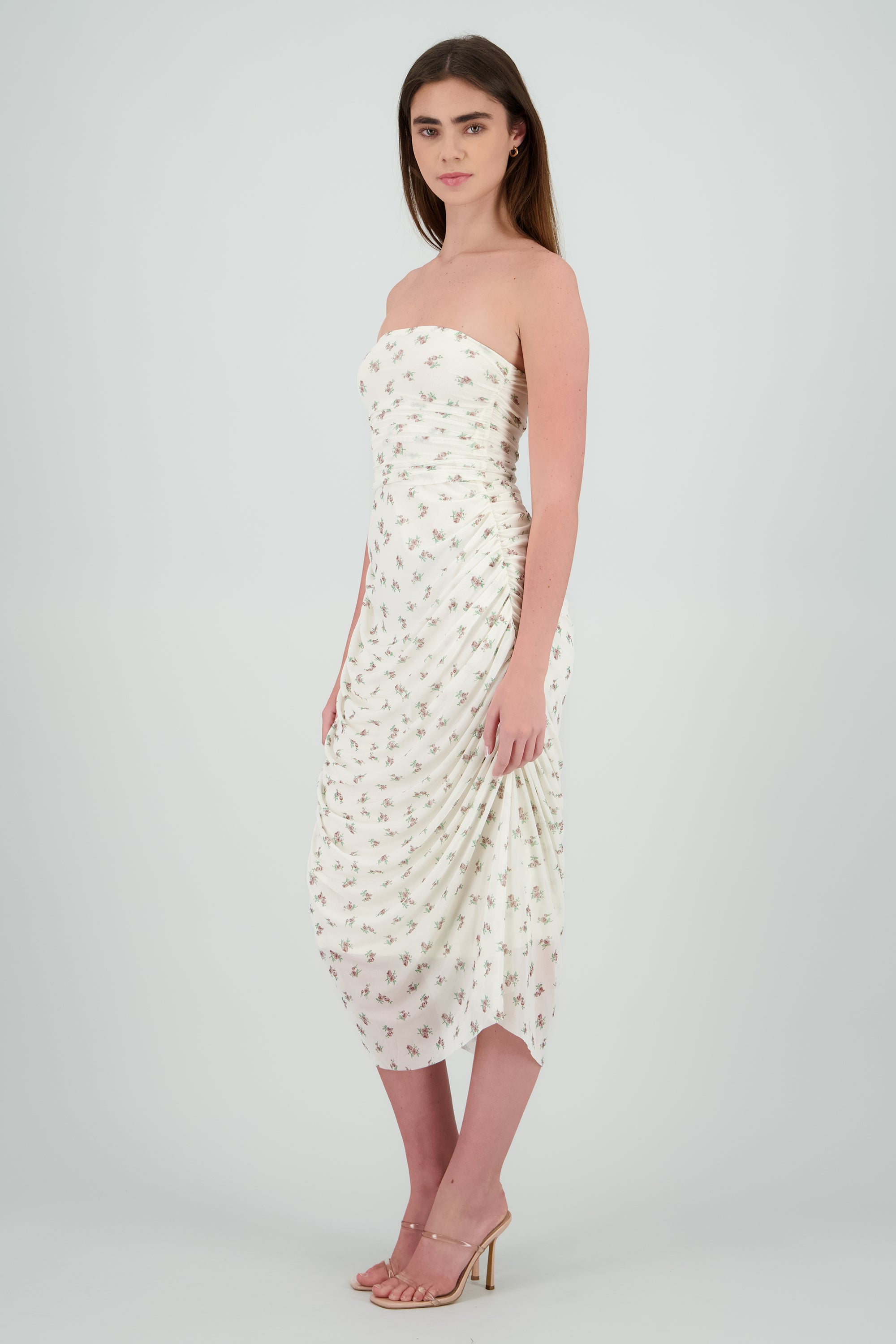 Vestido strapless de mesh estampado HUESO COMBO