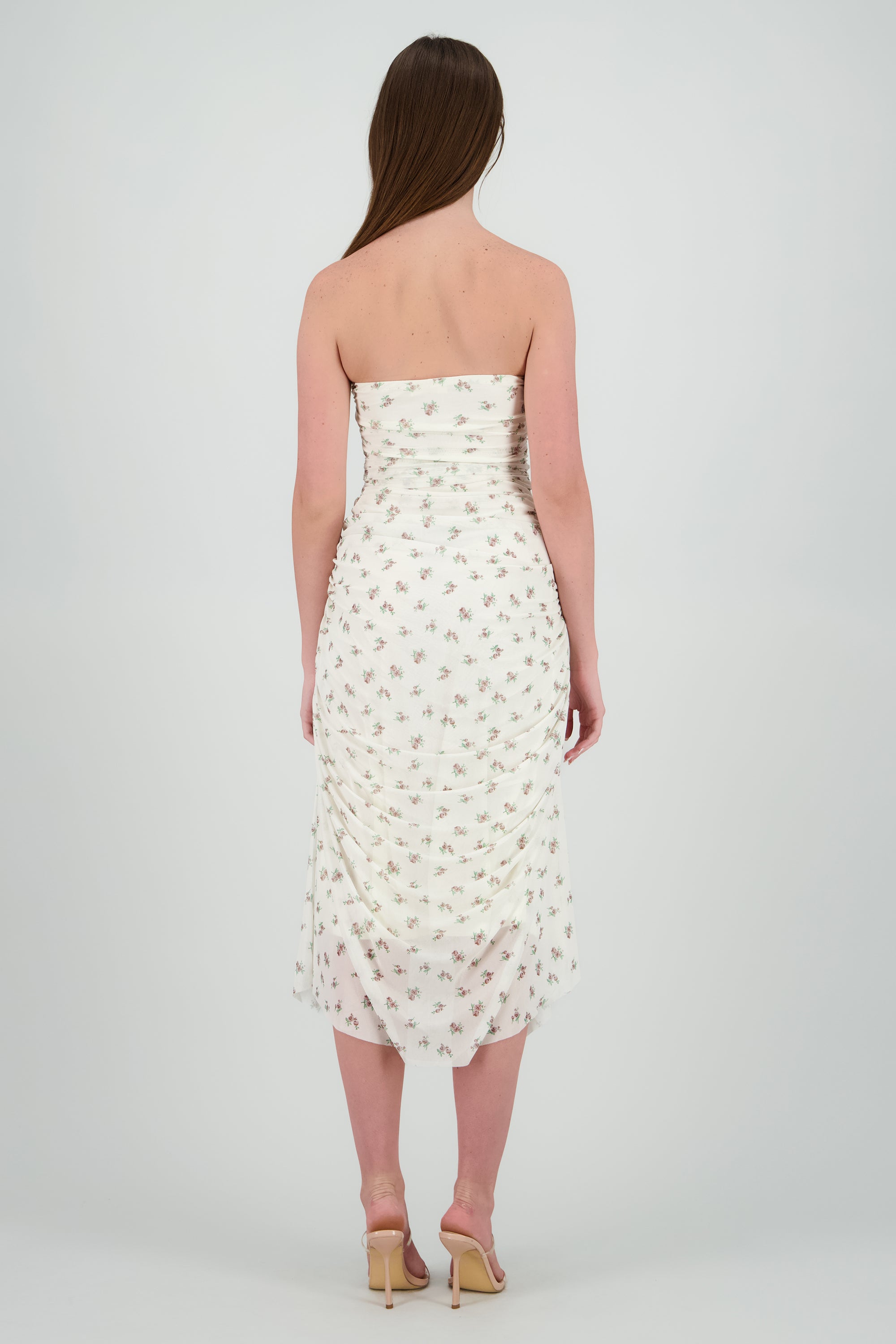 Vestido strapless de mesh estampado HUESO COMBO