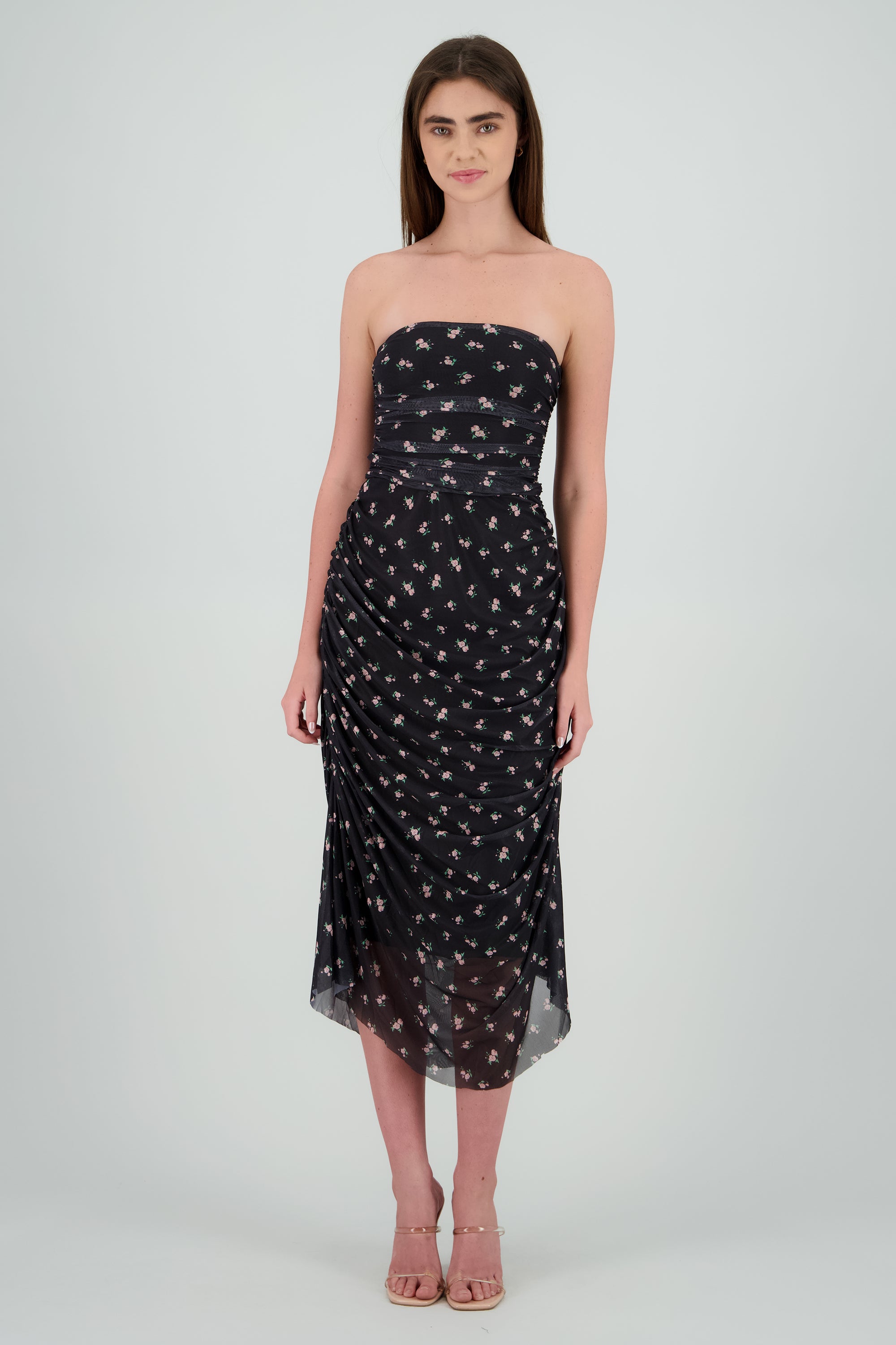 Vestido strapless de mesh estampado NEGRO COMBO