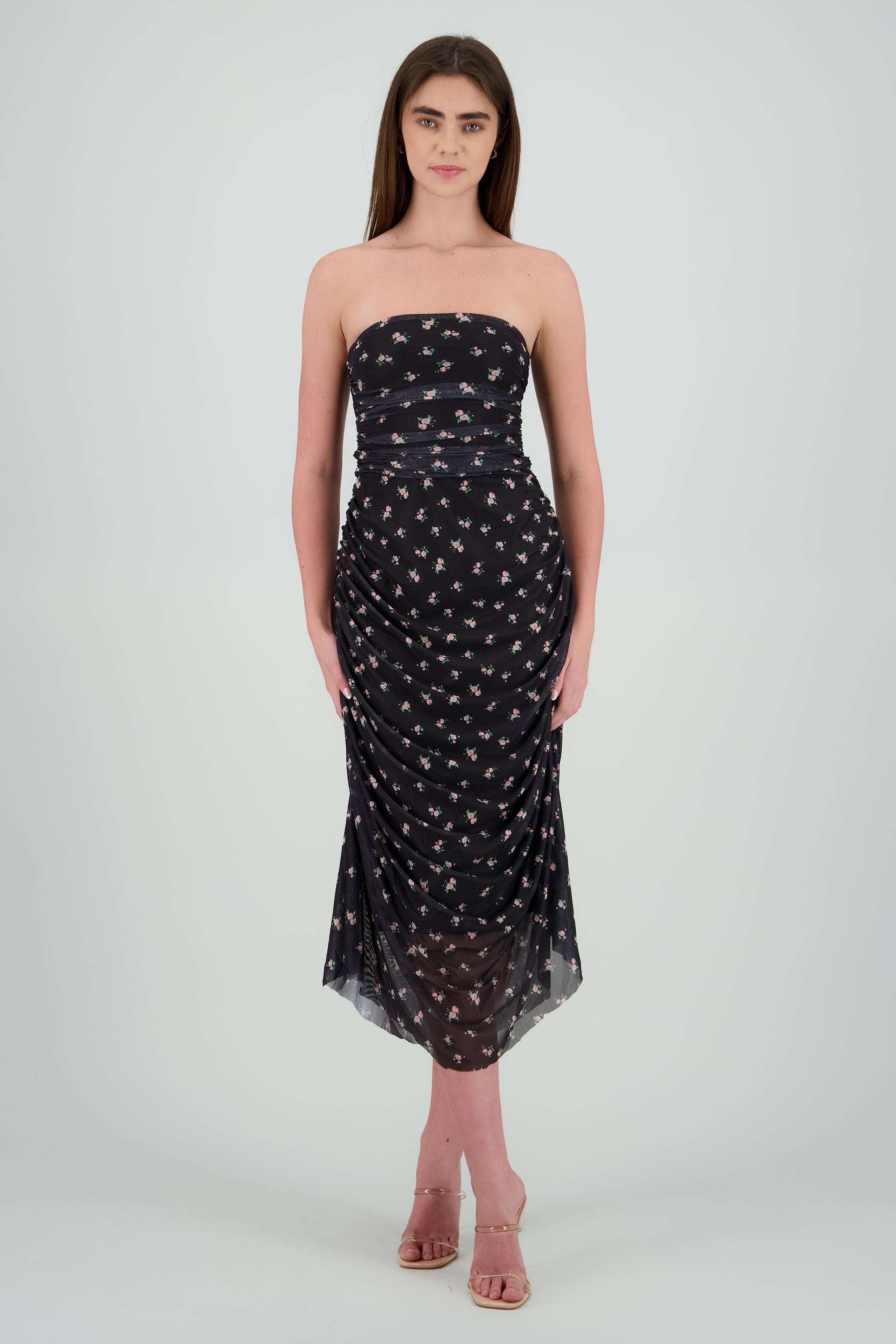 Vestido strapless de mesh estampado NEGRO COMBO