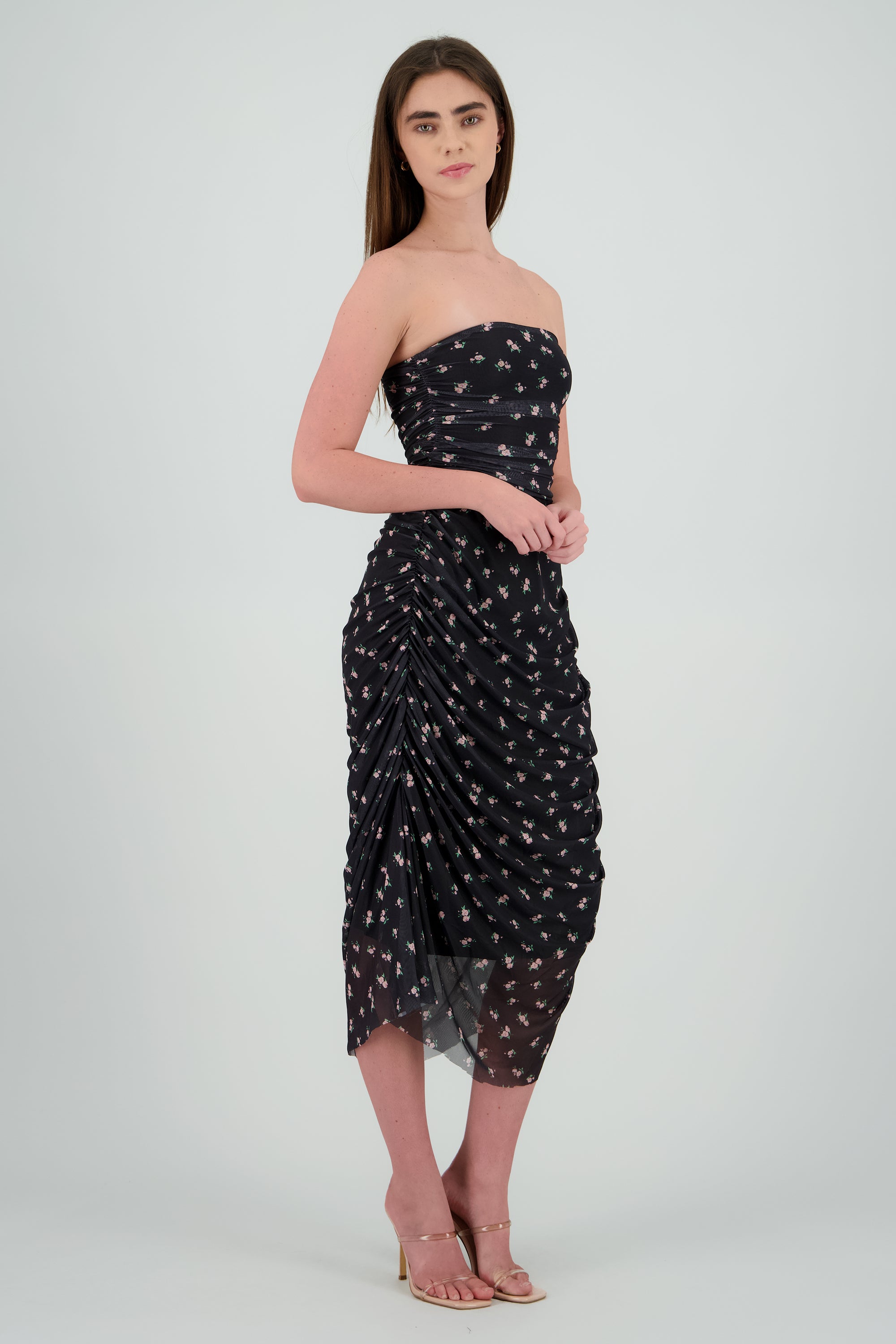 Vestido strapless de mesh estampado NEGRO COMBO