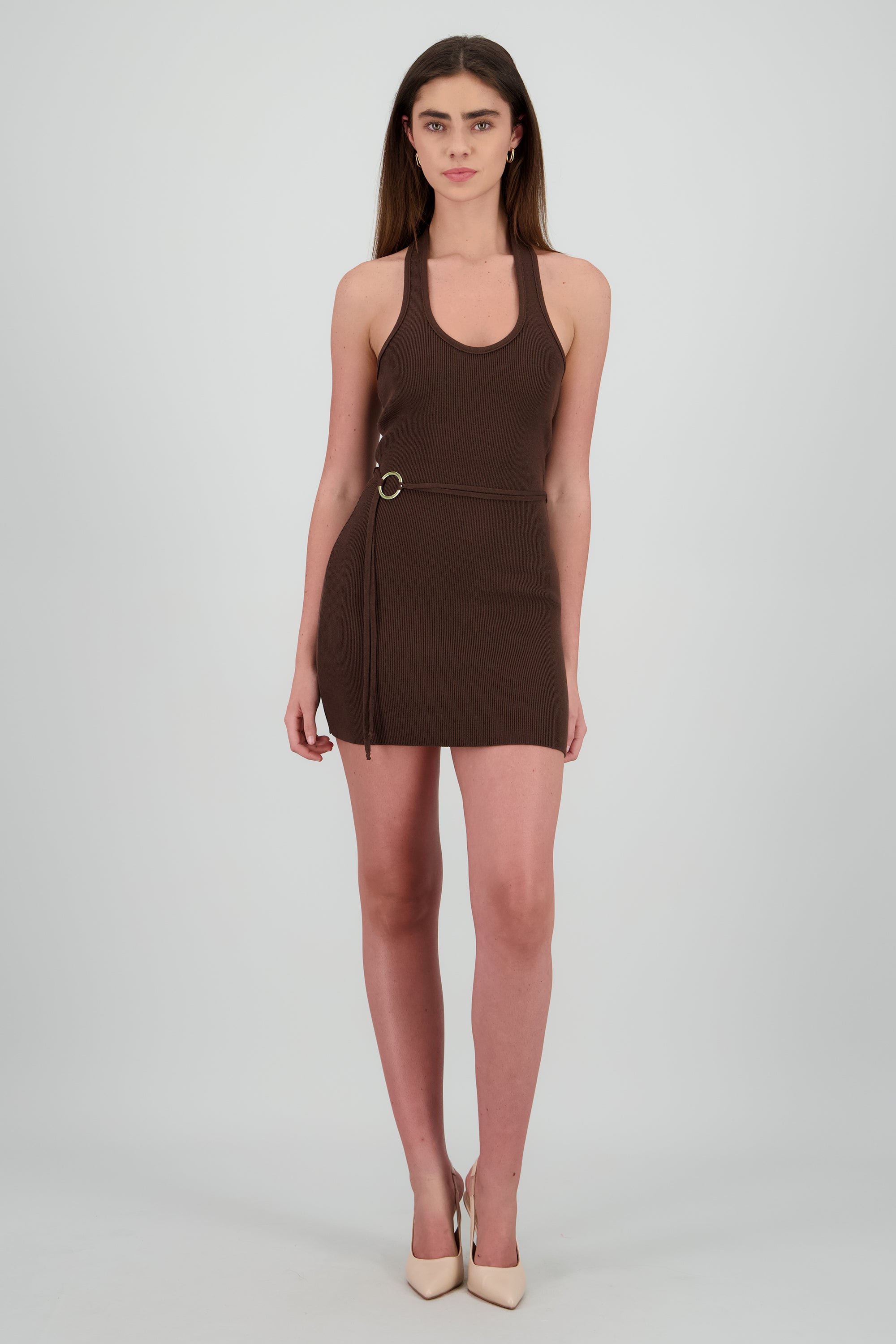 Vestido mini halter hebilla CHOCOLATE