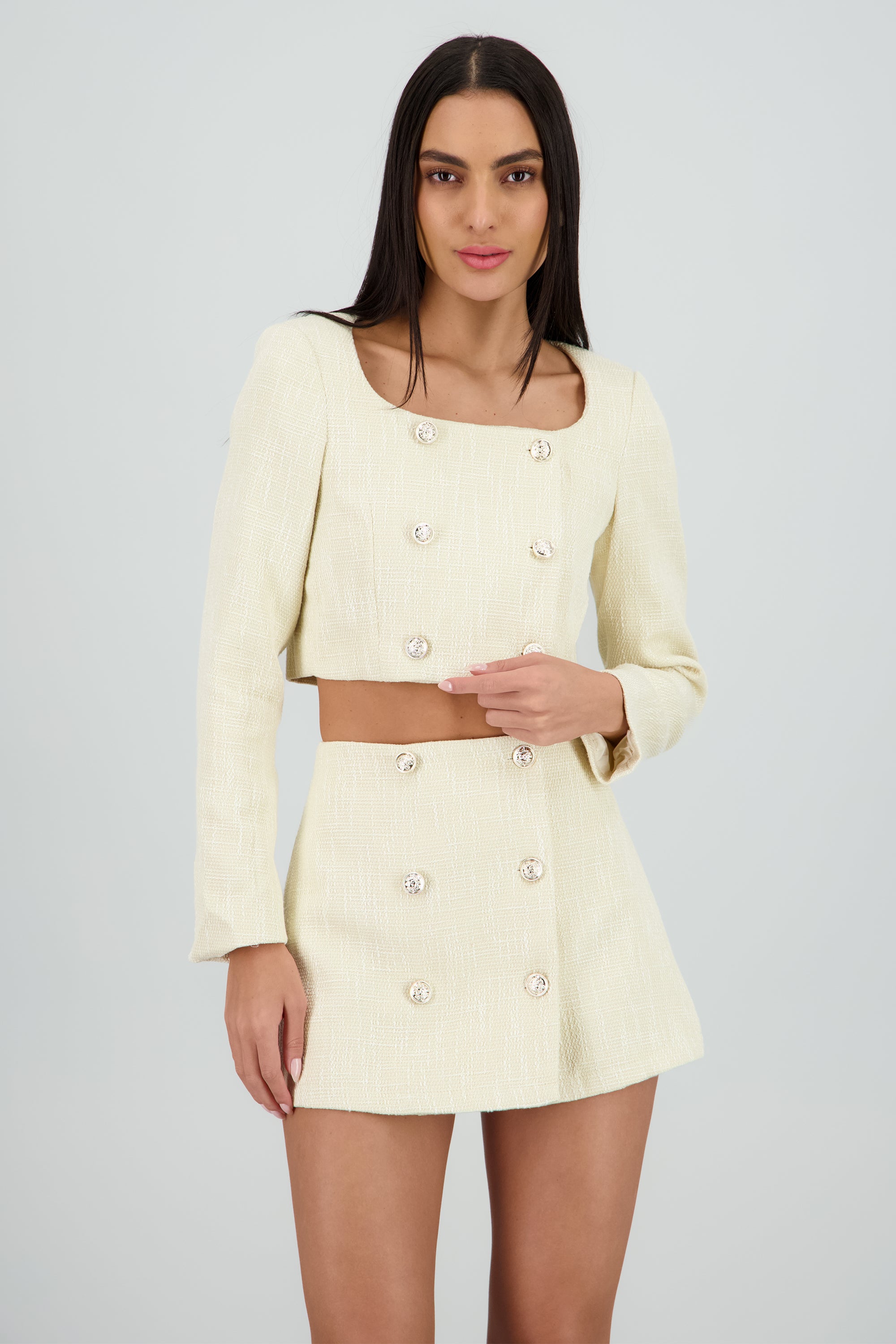 Top tweed escote cuadrado detalle botones CREMA