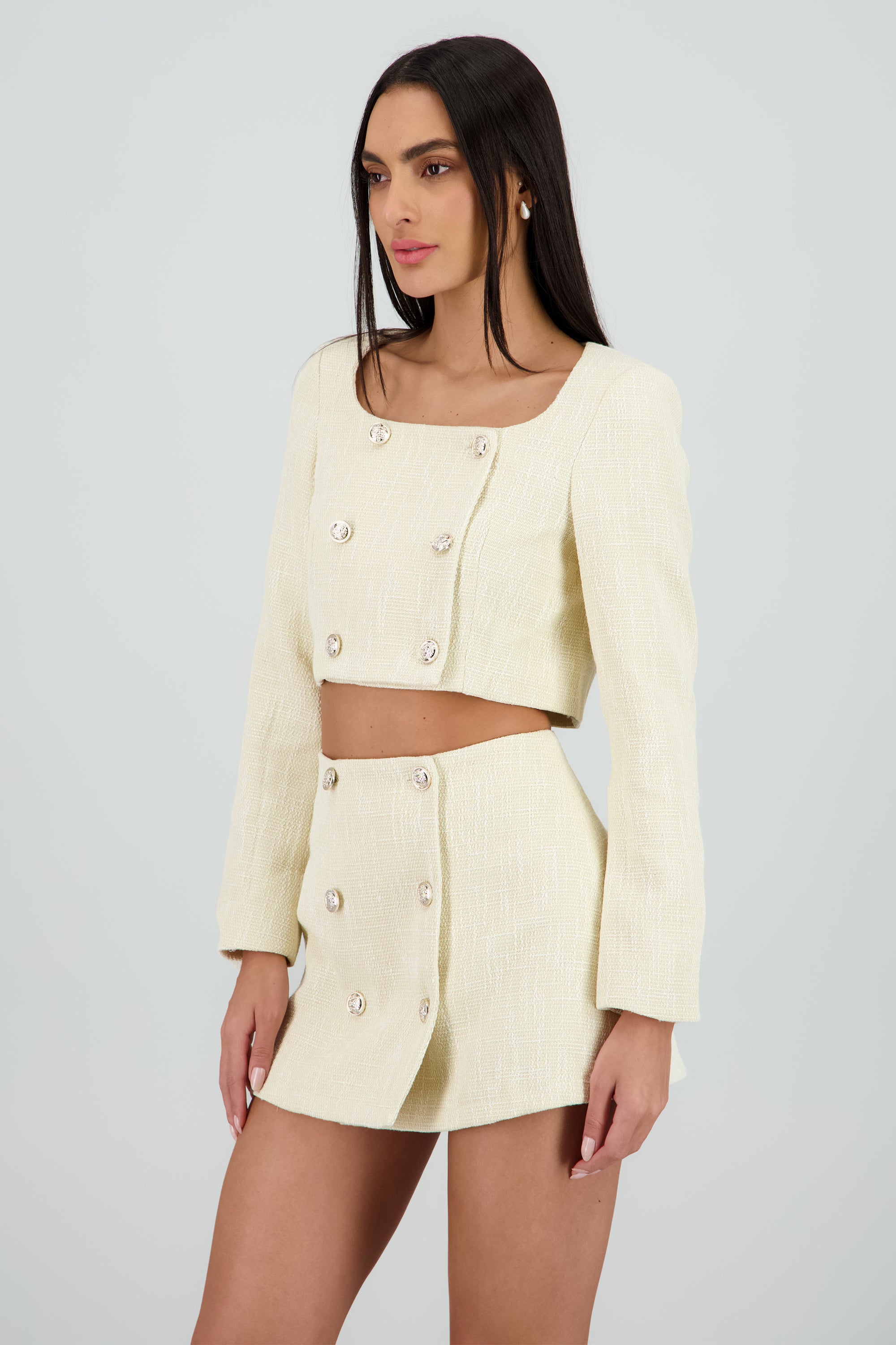 Top tweed escote cuadrado detalle botones CREMA