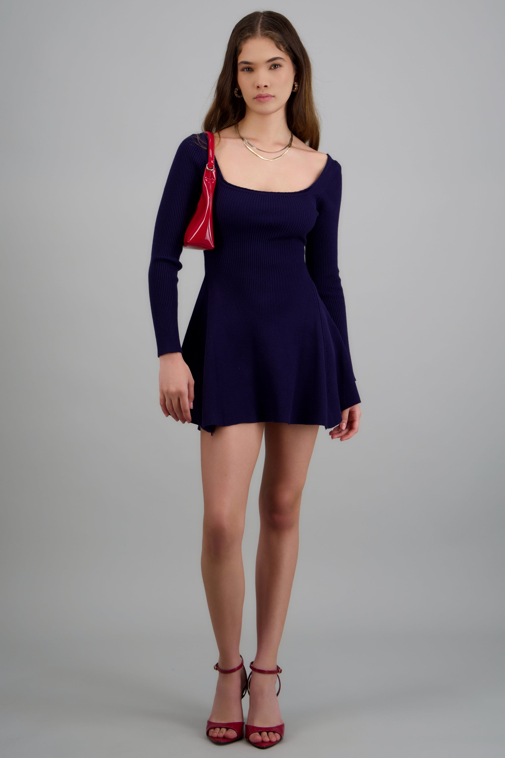 Vestido mini manga larga tejido rib MARINO