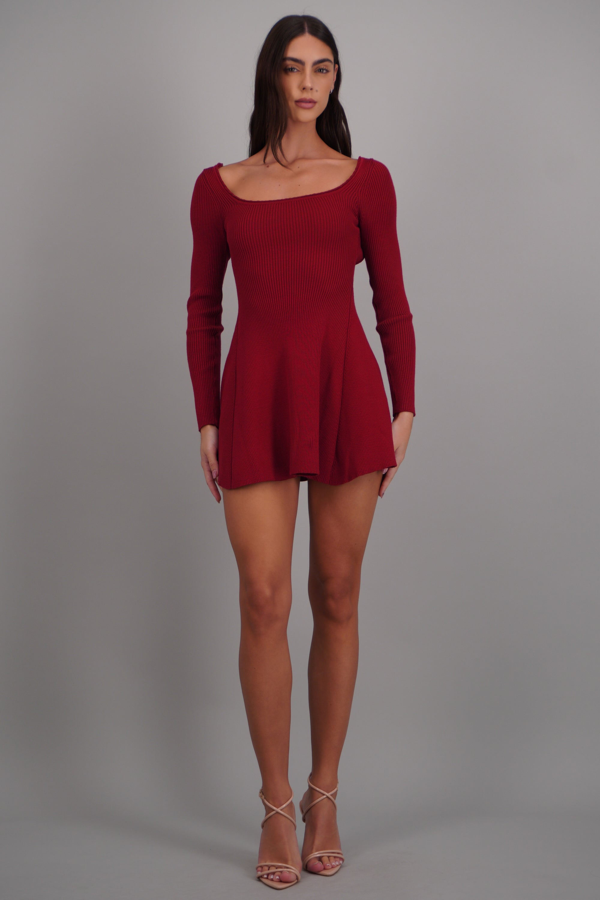 Vestido mini manga larga tejido rib ROJO